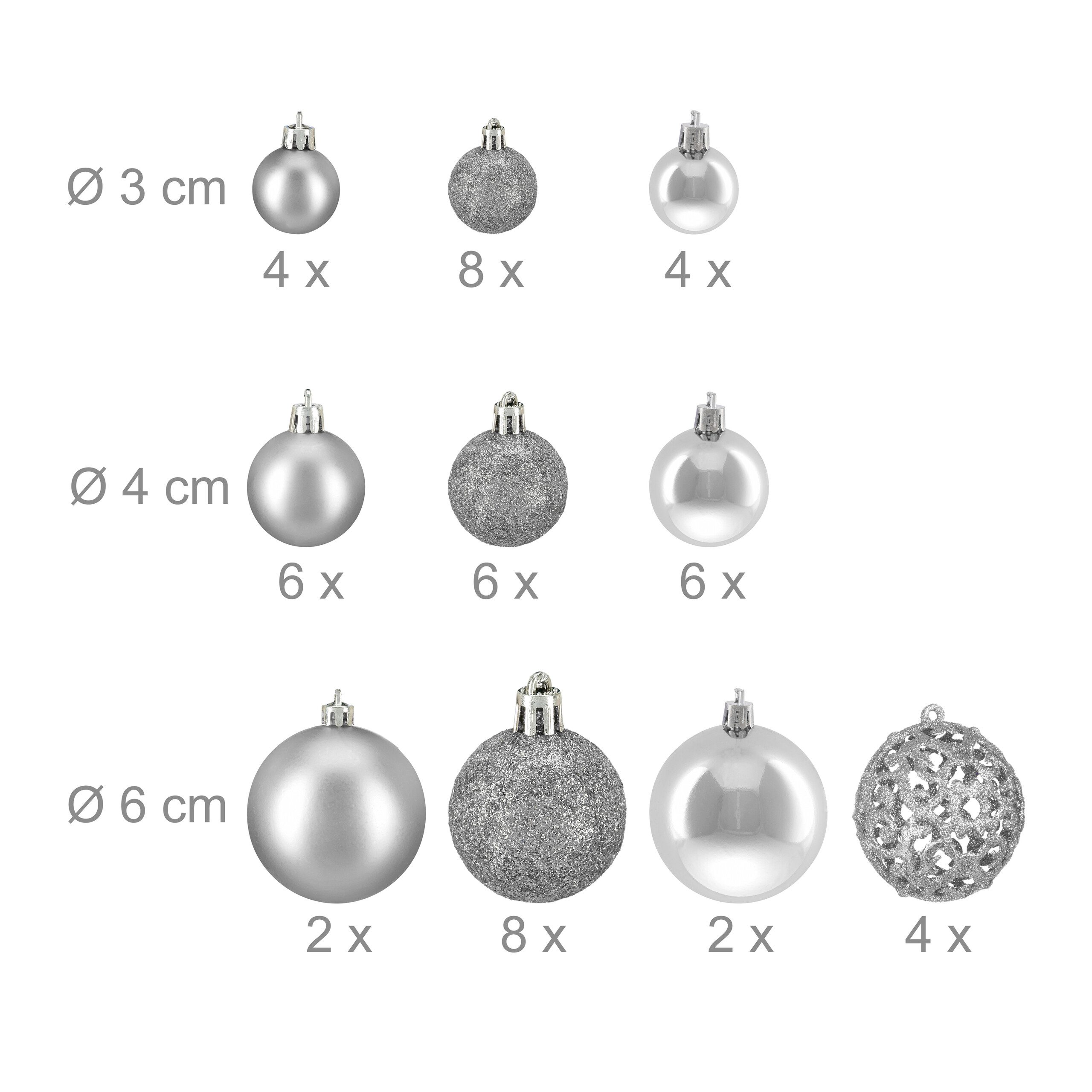 Verschiedene silberne Weihnachtskugeln in den Größen 3 cm, 4 cm und 6 cm mit Quantitätsangaben.