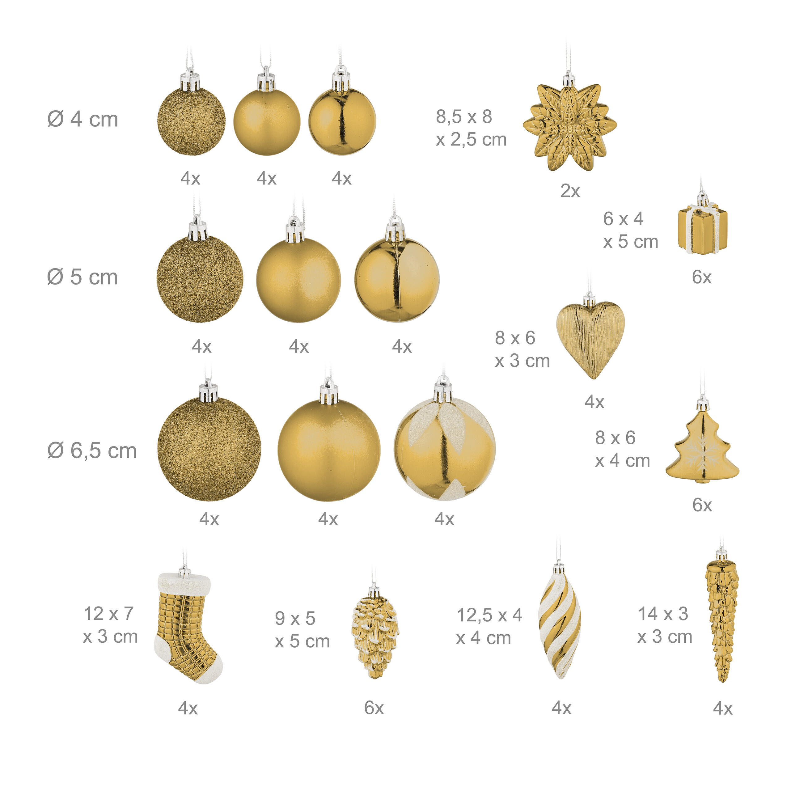 Goldfarbene Weihnachtsschmuck-Set mit Kugeln, Sternen, Geschenken, Zapfen und Figuren inklusive Maßangaben.