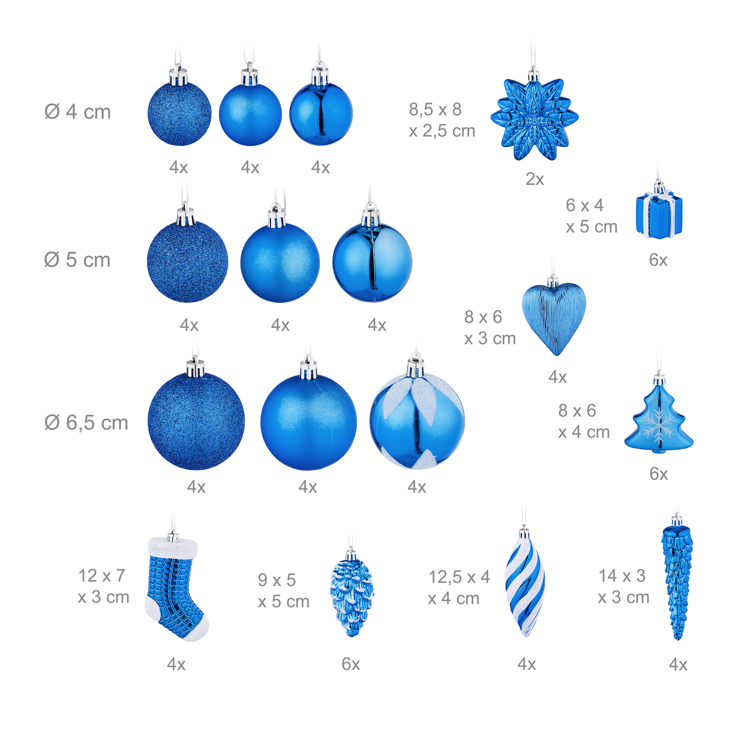 Set aus blauen Weihnachtskugeln, Sternen, Geschenken und Figuren mit Größenangaben auf weißem Hintergrund.