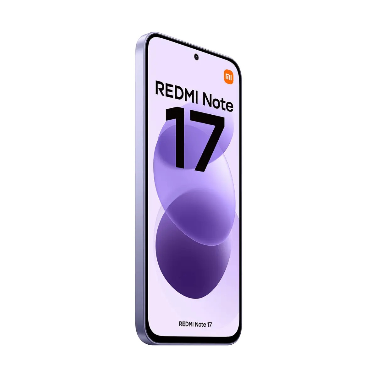 Uno smartphone Redmi Note 17 viola è posizionato verticalmente su sfondo bianco.