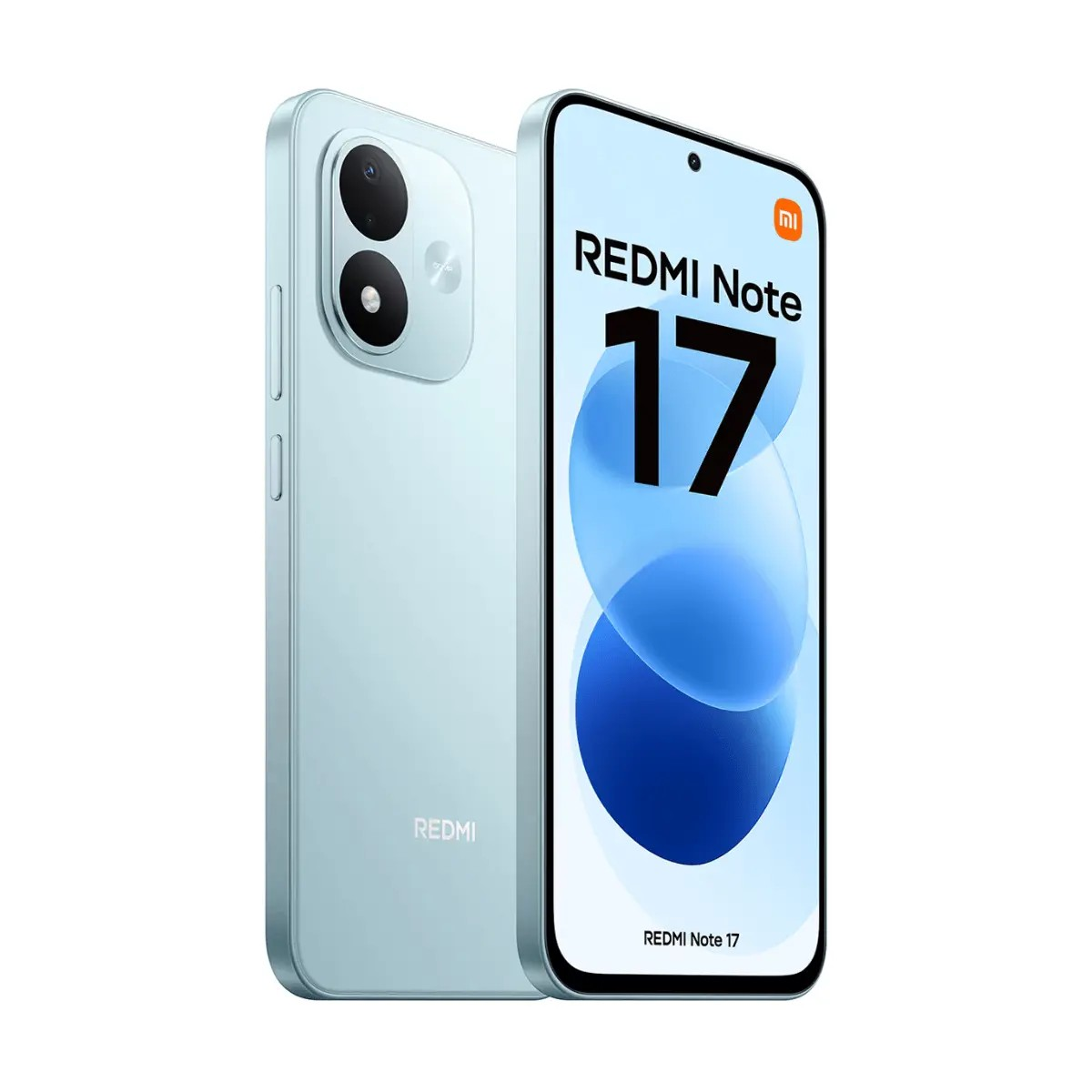 Hellblaues Redmi Note 17 Smartphone mit Vorderseite und Dual-Kamera-Rückseite.