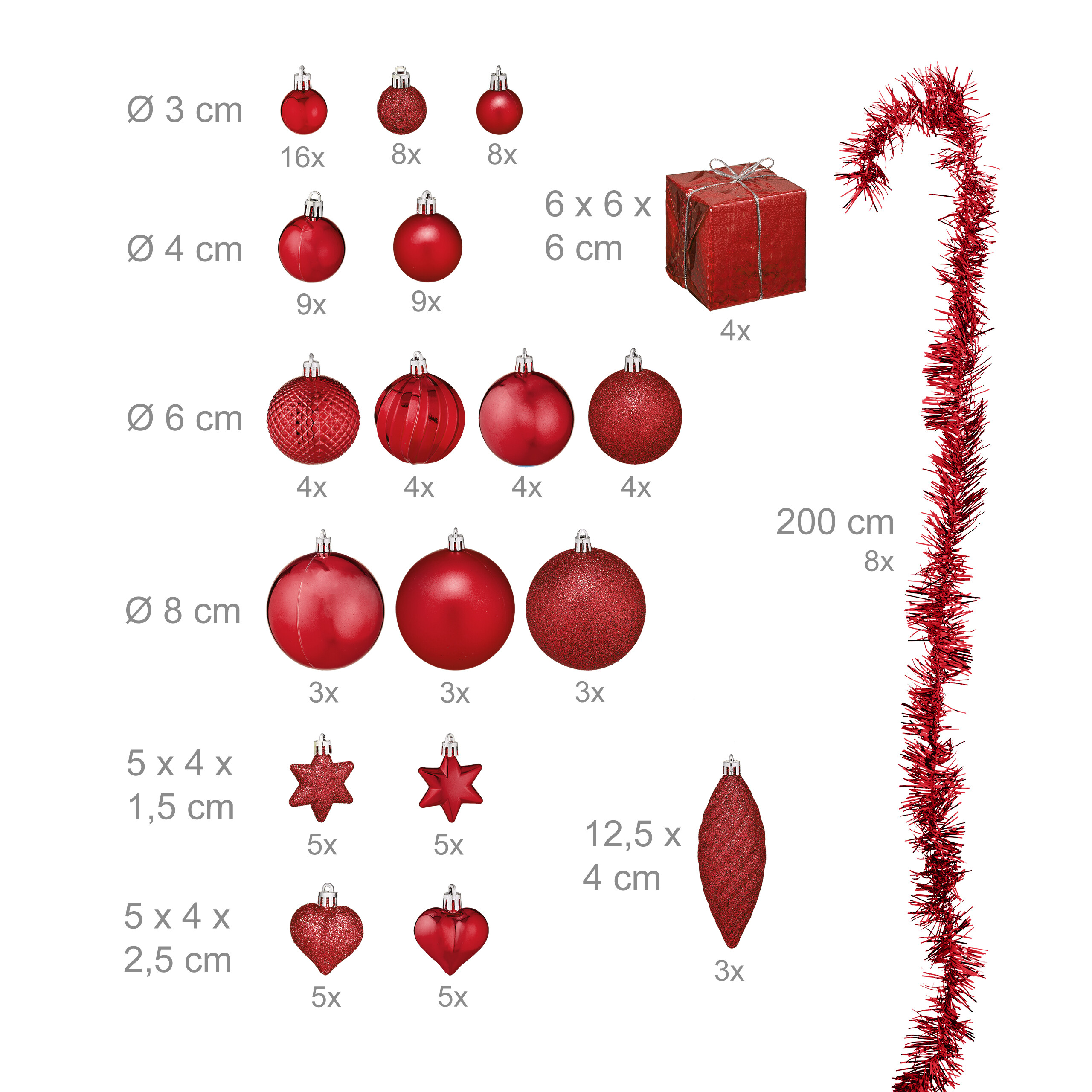 Rotfarbene Weihnachtsdeko, Kugeln, Sterne, Geschenke und eine Girlande mit Größenangaben.