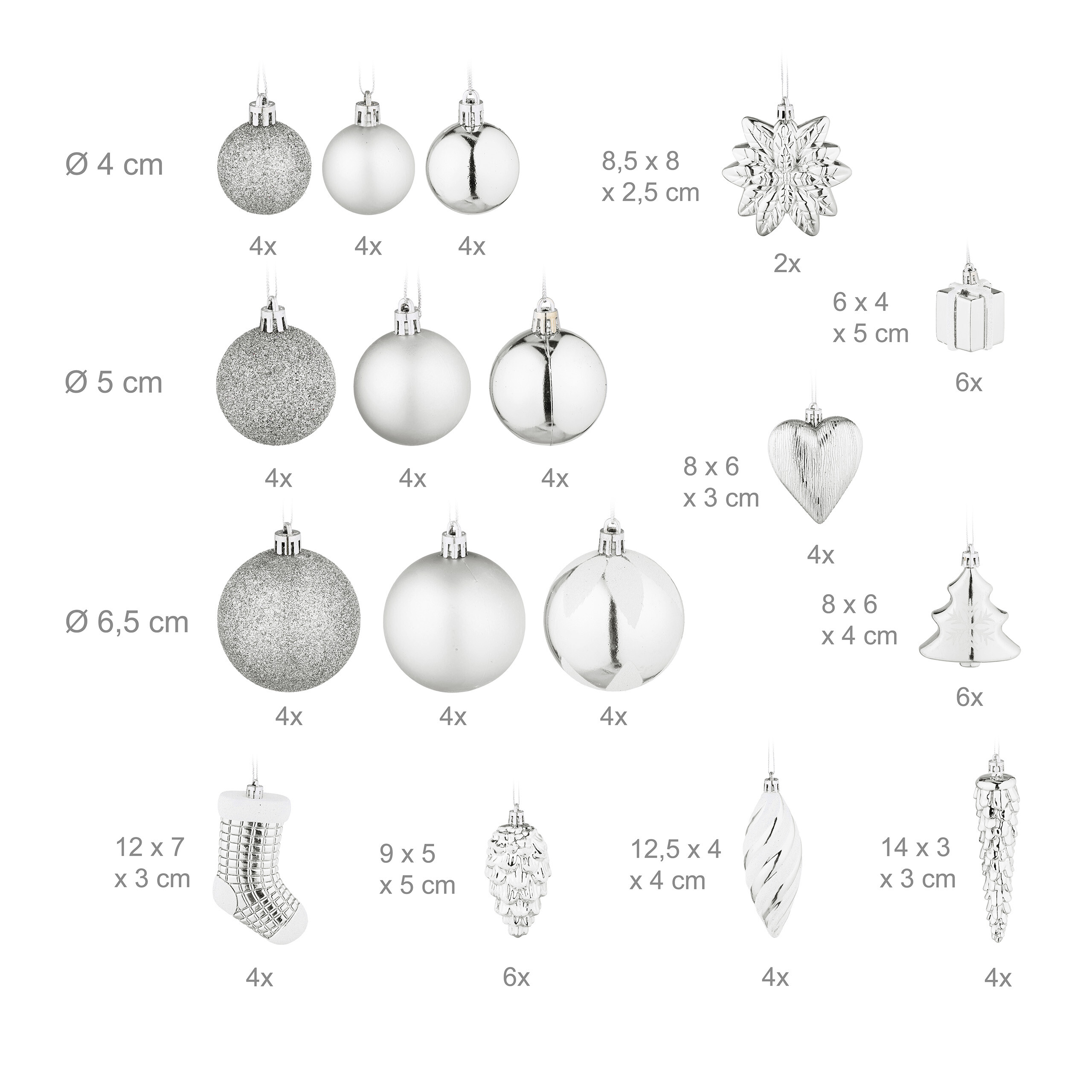 Verschiedene silberne Weihnachtskugeln und Ornamente mit Größenangaben und Stückzahlen.