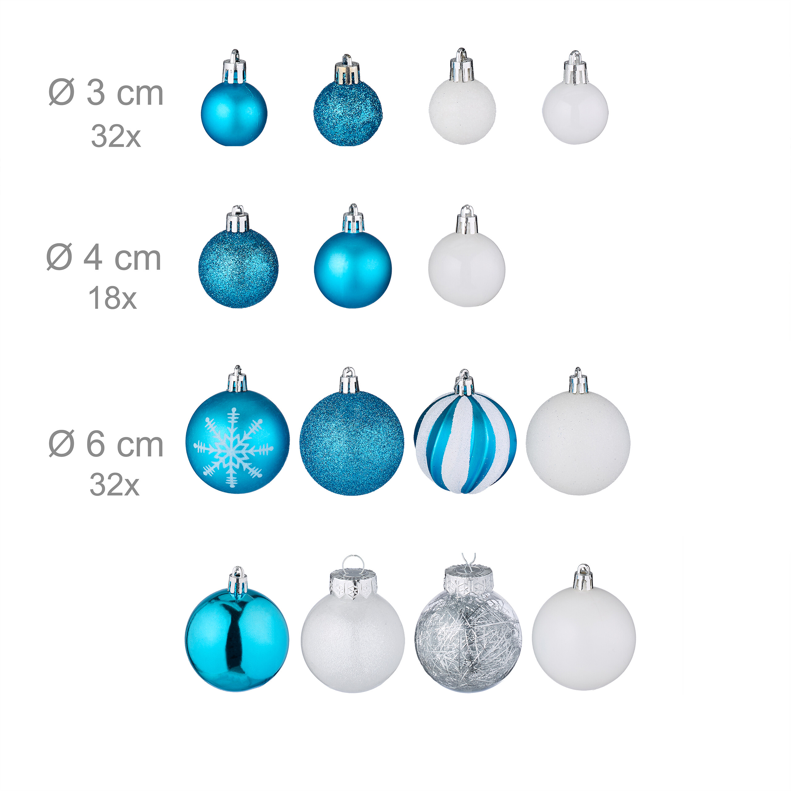 Verschiedene blaue und weiße Weihnachtskugeln in verschiedenen Größen und Ausführungen angeordnet.