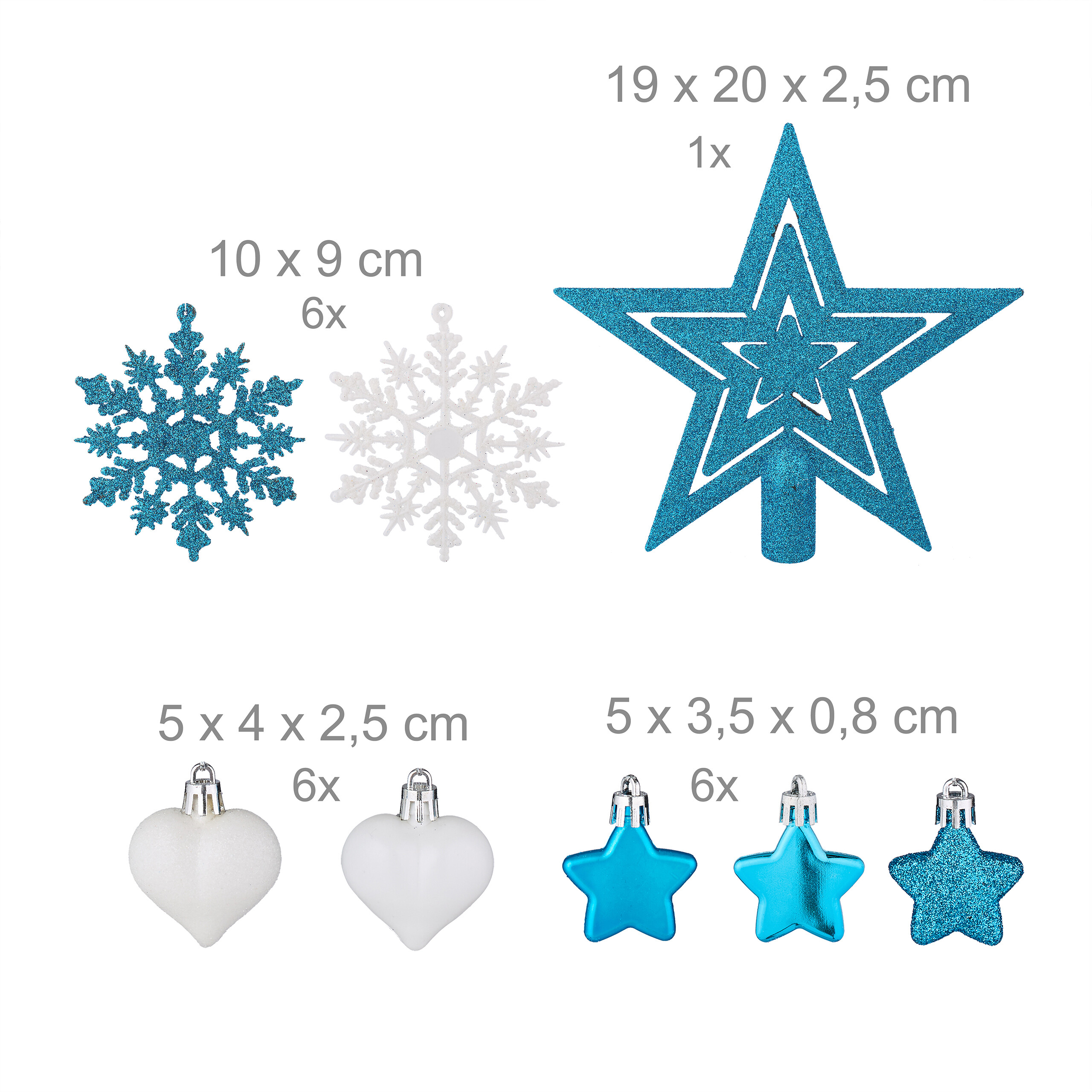 Blaue und weiße Weihnachtsdeko aus Sternen, Schneeflocken und Herzen mit Maßen.