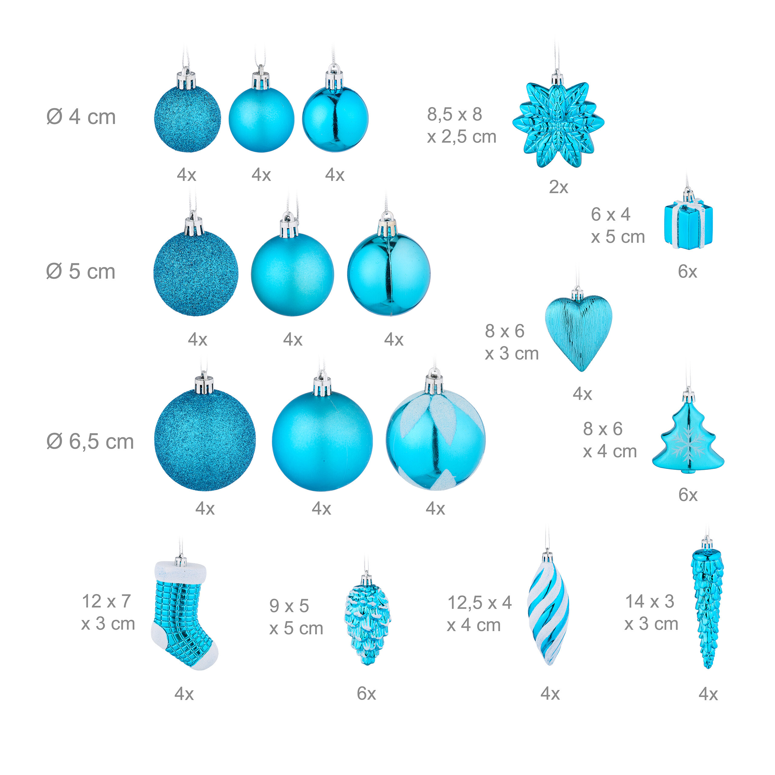 Eine Auswahl blauer Weihnachtskugeln mit Größen und Mengen auf weißem Hintergrund.