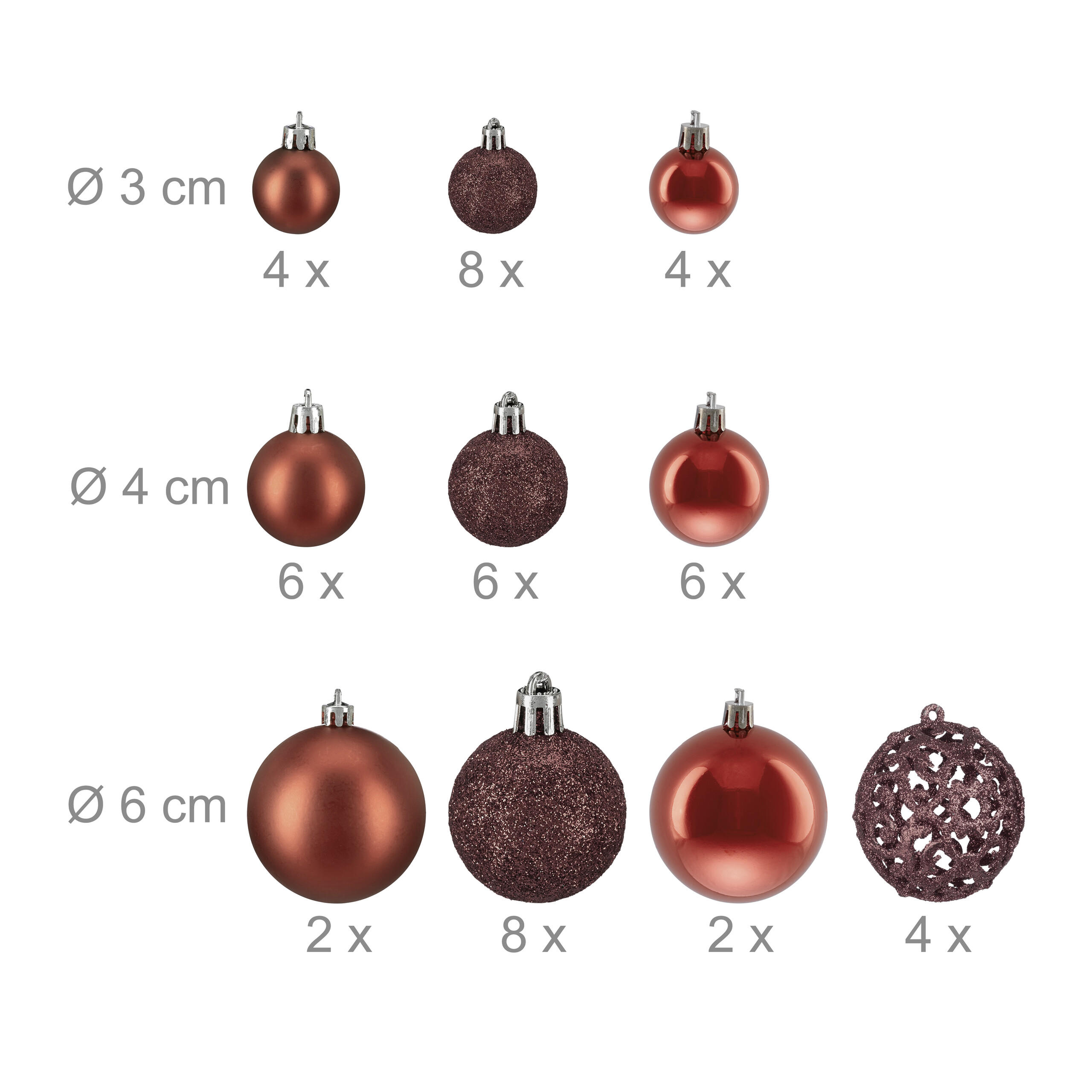 Verschiedene kupferfarbene Weihnachtskugeln in den Größen 3, 4 und 6 cm mit Quantitätsangaben.