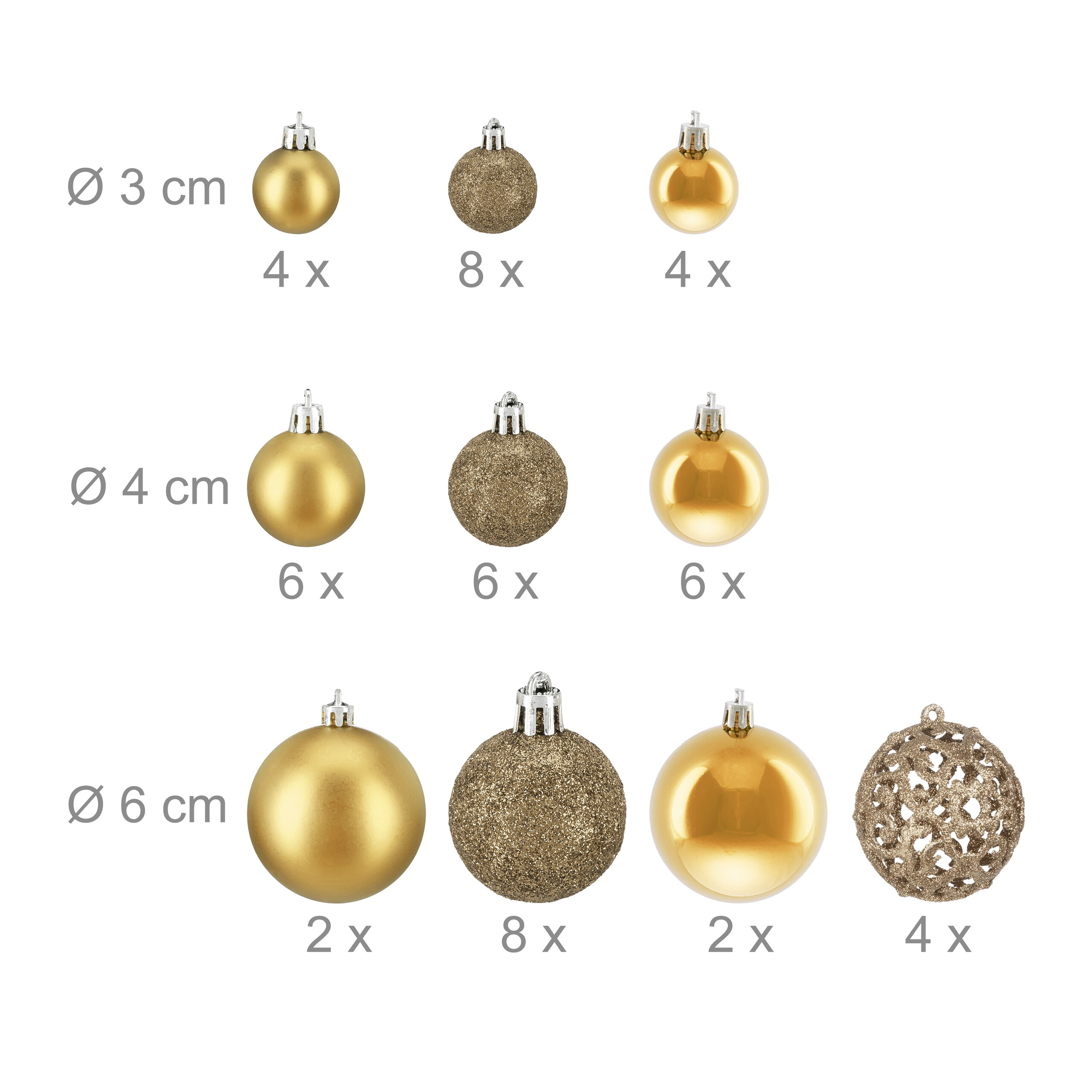 Goldene und glitzernde Christbaumkugeln in verschiedenen Größen und Mengen auf weißem Hintergrund.