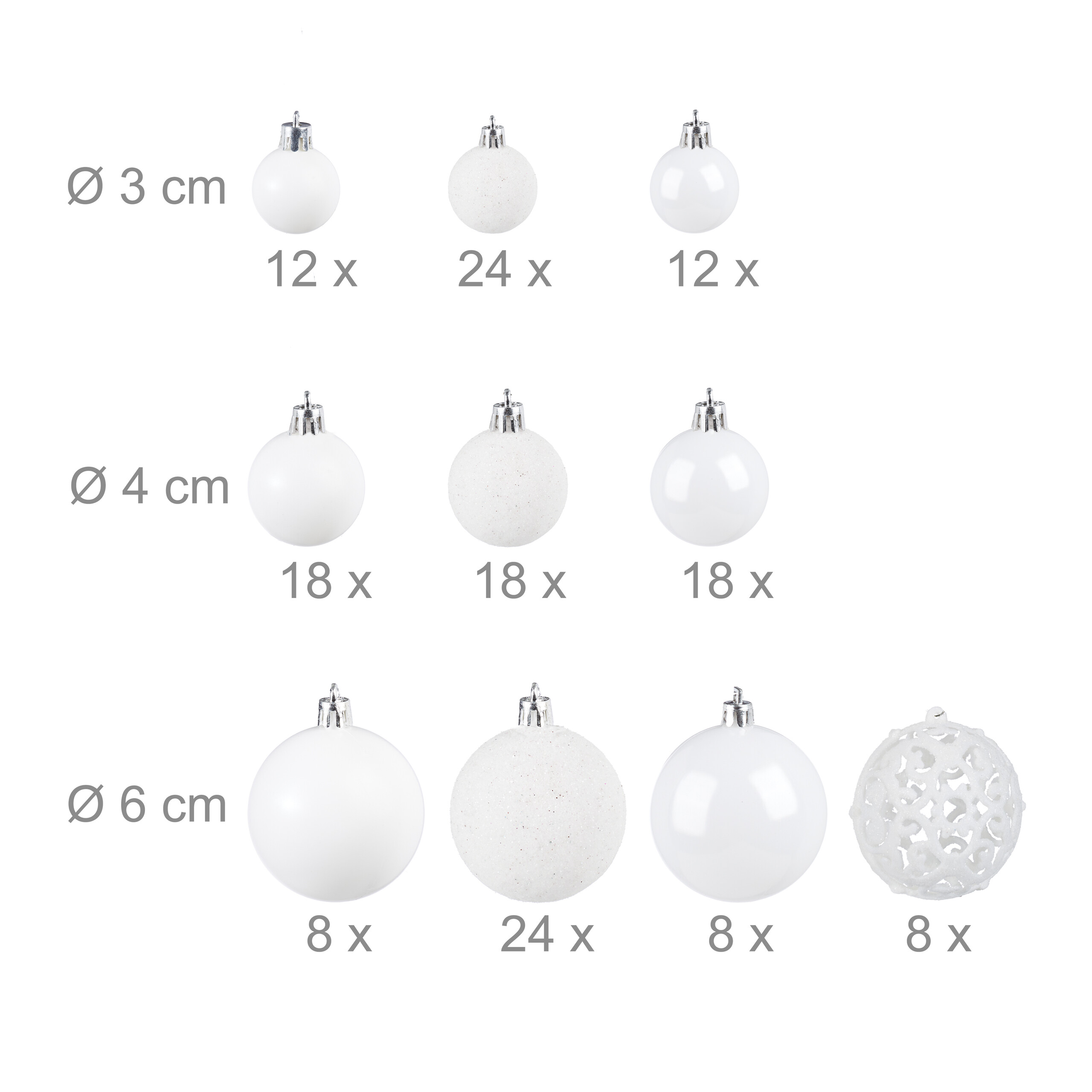 Verschiedene weiße Christbaumkugeln in drei Größen mit Mengenangaben auf weißem Grund.