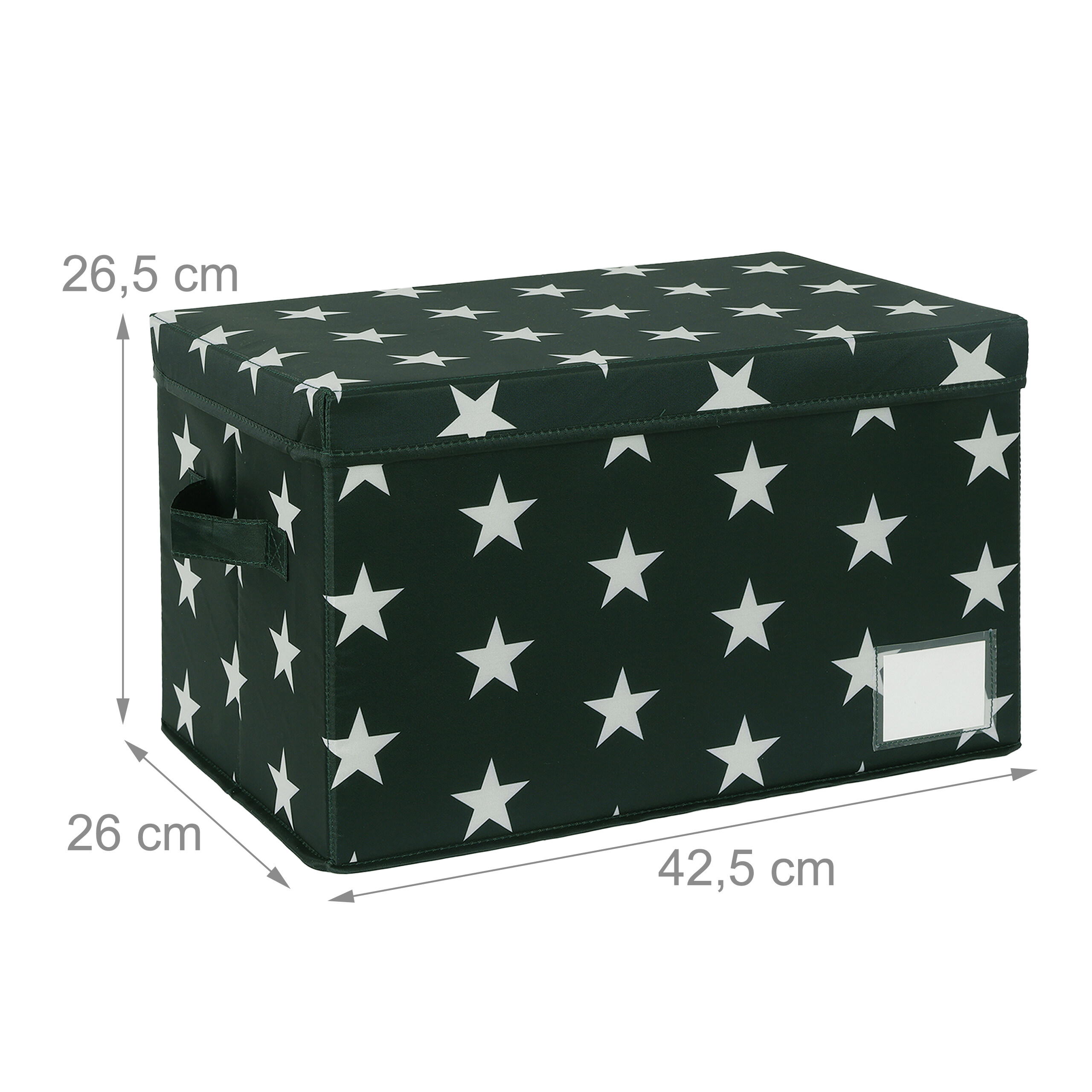 Dunkelgrüne Aufbewahrungsbox mit weißen Sternen, Griff und Etikett, Maße 42,5x26x26,5 cm.