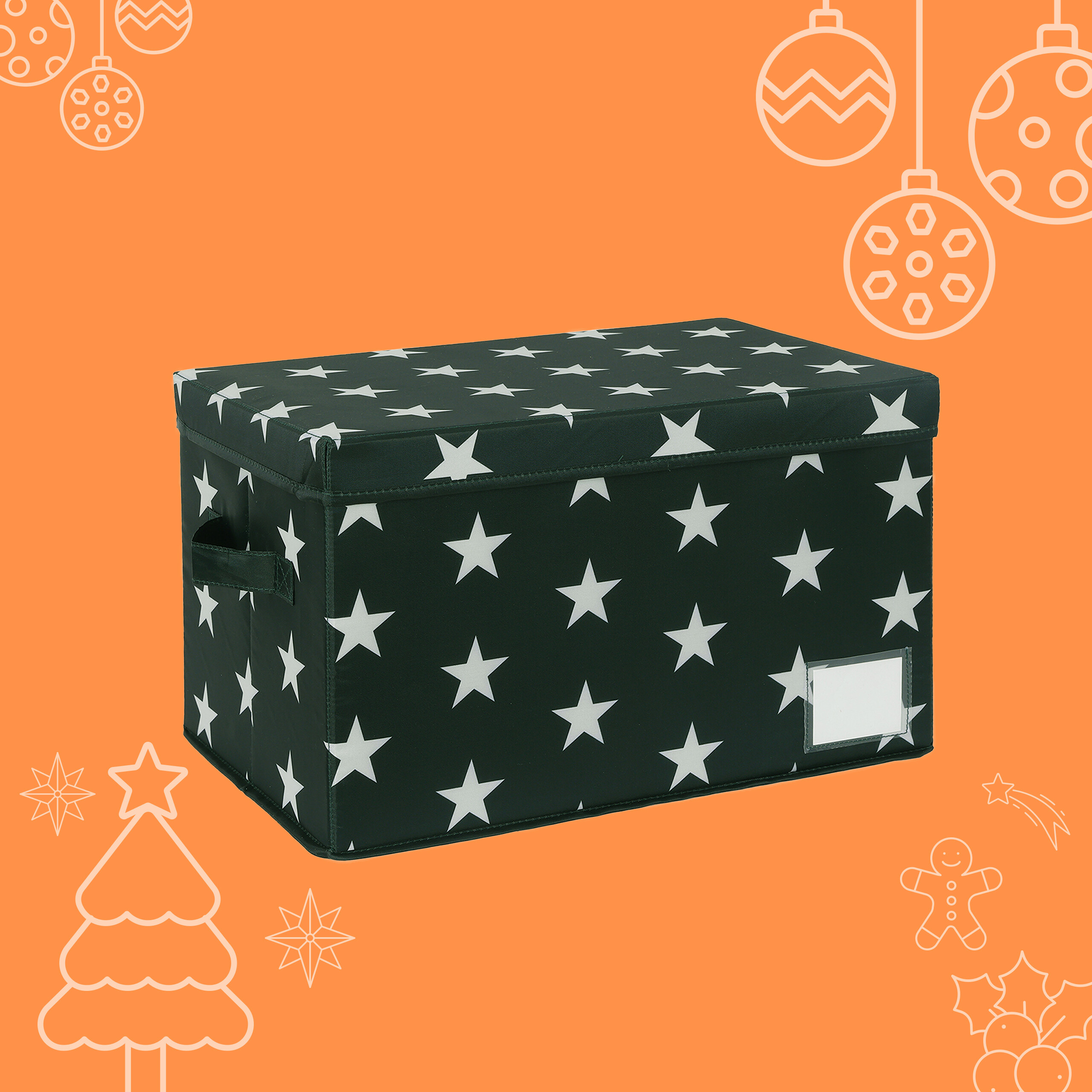 Dunkelgrüne Aufbewahrungsbox mit weißen Sternen auf orangefarbenem Hintergrund mit Weihnachtssymbolen.