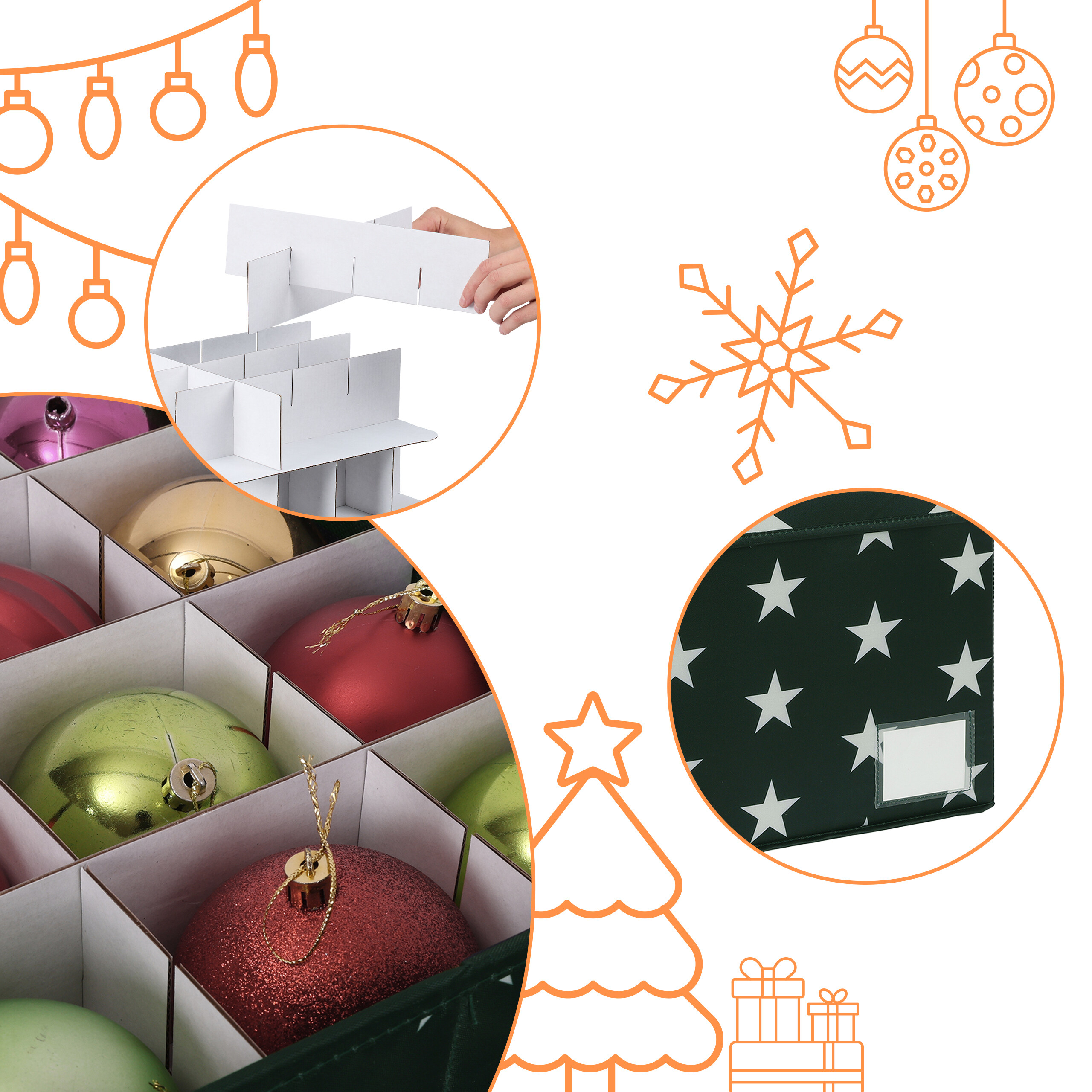 Aufbewahrungsbox für Weihnachtskugeln mit Trennwänden, weihnachtliche Motive im Hintergrund.
