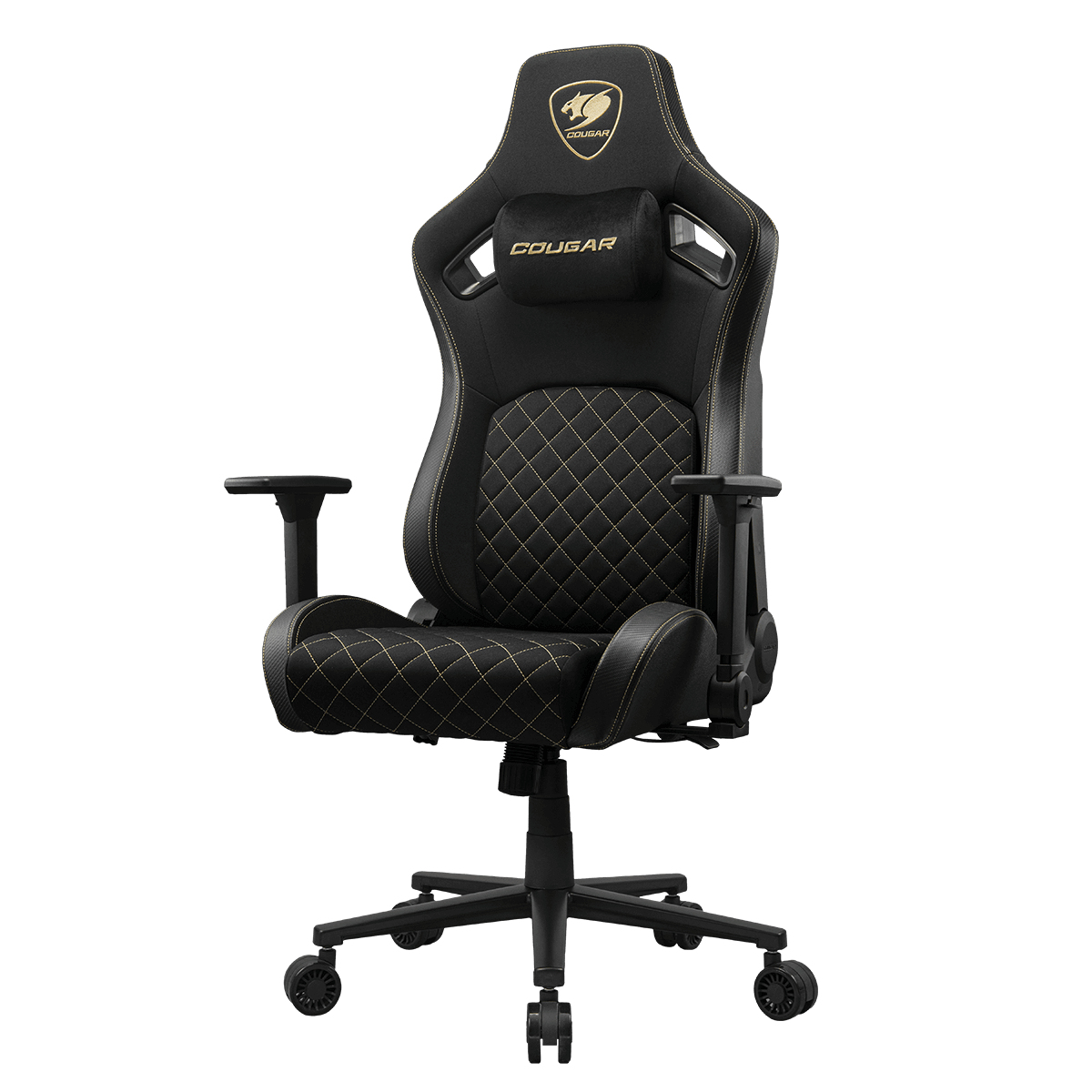 Ein schwarzer Gaming-Stuhl mit goldenen Nähten, Kopfstütze und Cougar-Logo auf weißem Hintergrund.