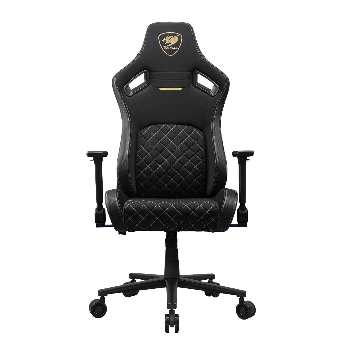 Ein schwarzer Gaming-Stuhl mit goldenen Nähten und einem Cougar-Logo auf der Kopfstütze vor schwarzem Hintergrund.