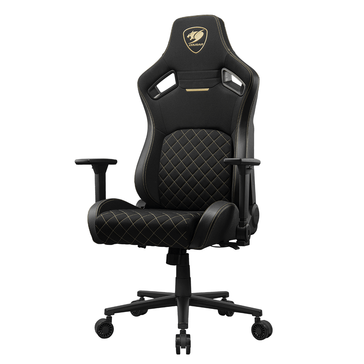 Schwarzer Gaming-Stuhl mit goldener Rautensteppung und Cougar-Logo auf dem Kopf.
