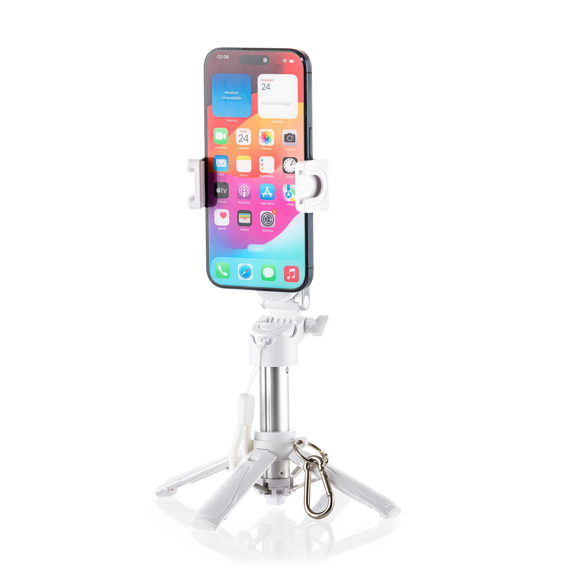 Ein schwarzes Smartphone steht auf einem weißen Minitripod mit einer silbernen Stange vor weißem Hintergrund.