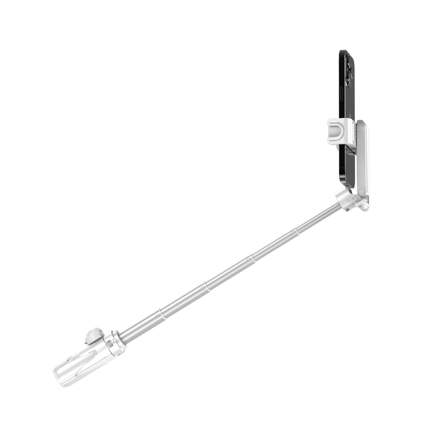 Ein weißer Teleskop-Selfiestick hält ein schwarzes Smartphone vor weißem Hintergrund.