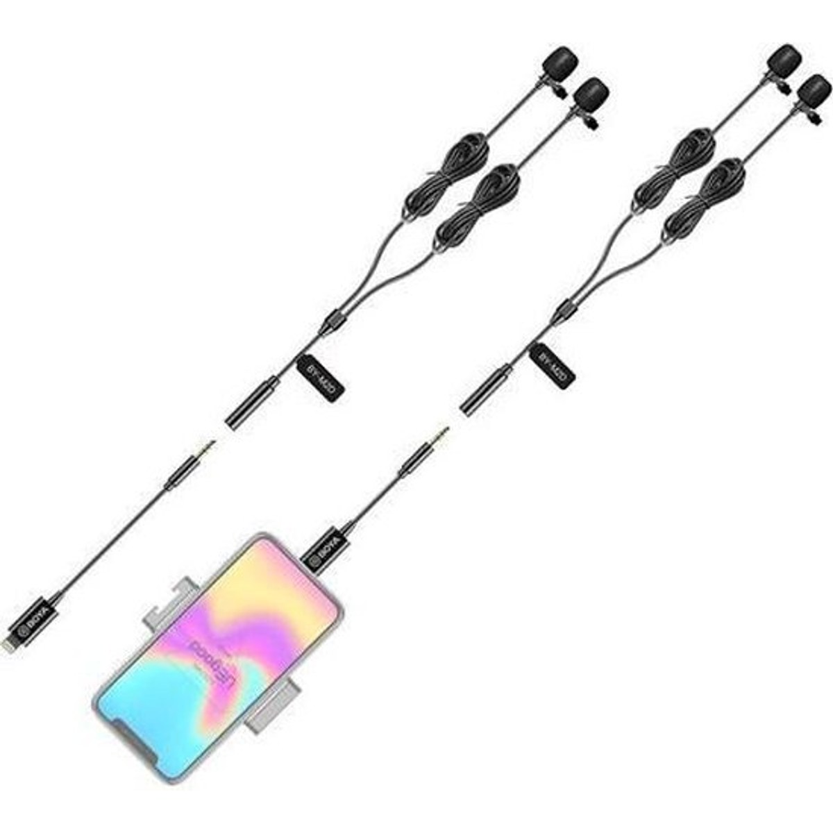 Zwei Lavalier-Mikrofone mit Kabel und Smartphone.
