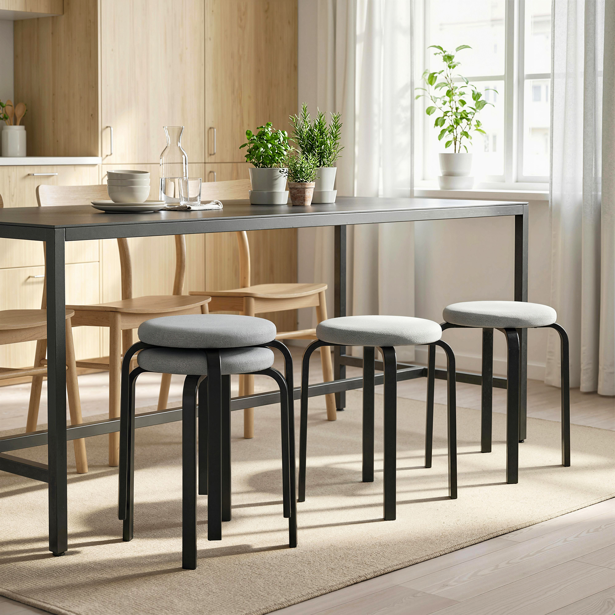 Moderno set da pranzo con tavolo lungo, sedie di legno e sgabelli chiari davanti a una finestra soleggiata.