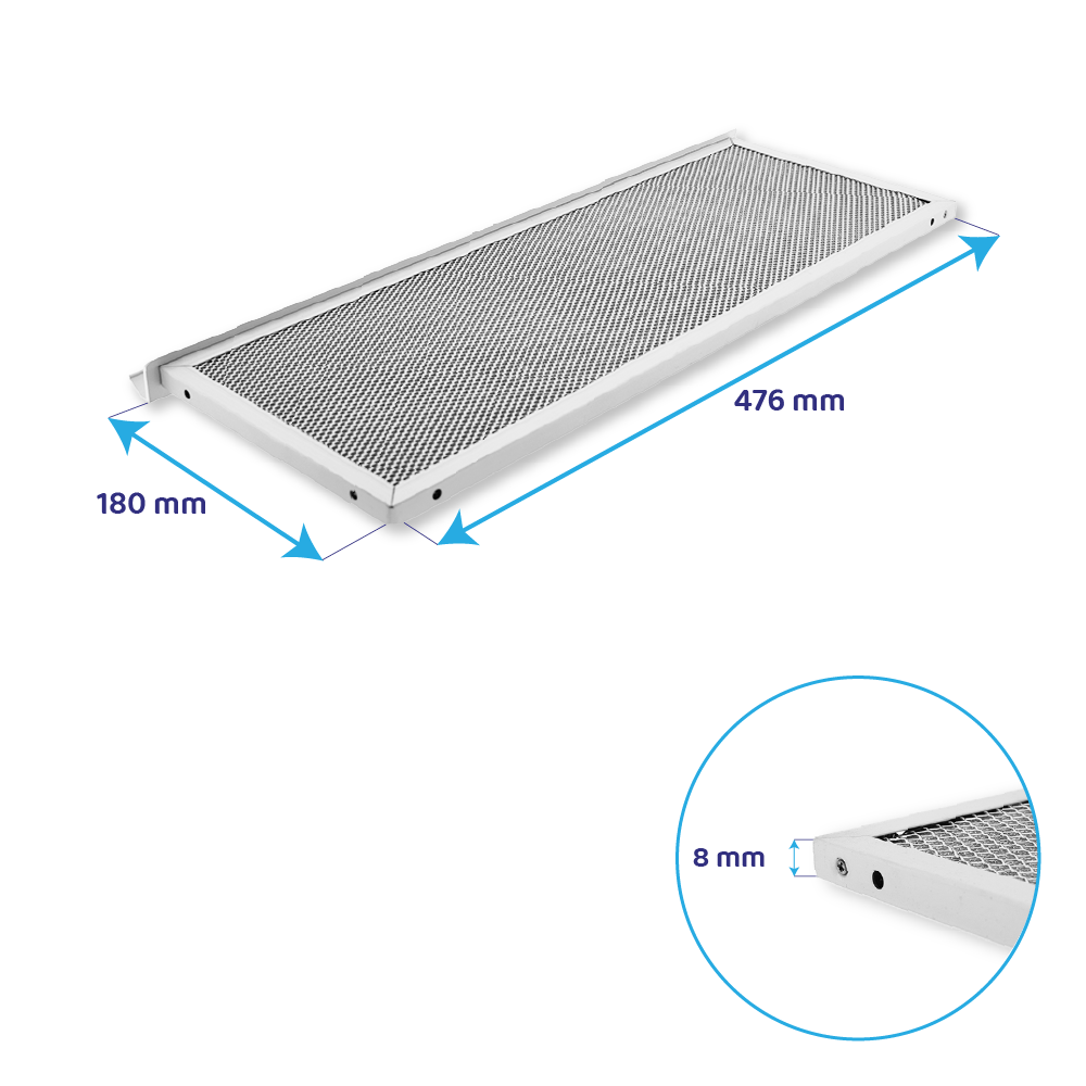 Rechteckiger Metallfilter mit den Maßen 476x180x8 mm auf weißem Hintergrund.
