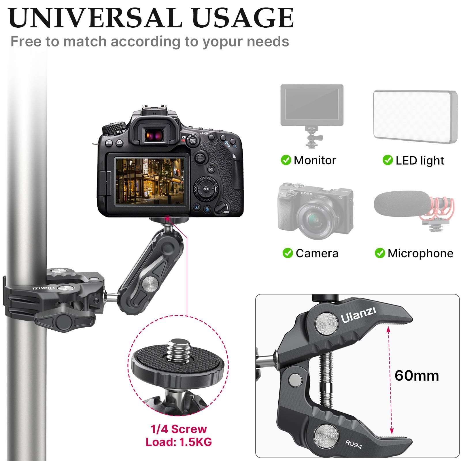 Supporto universale per fotocamere, monitor, luci LED e microfoni con vite da 1/4 di pollice.