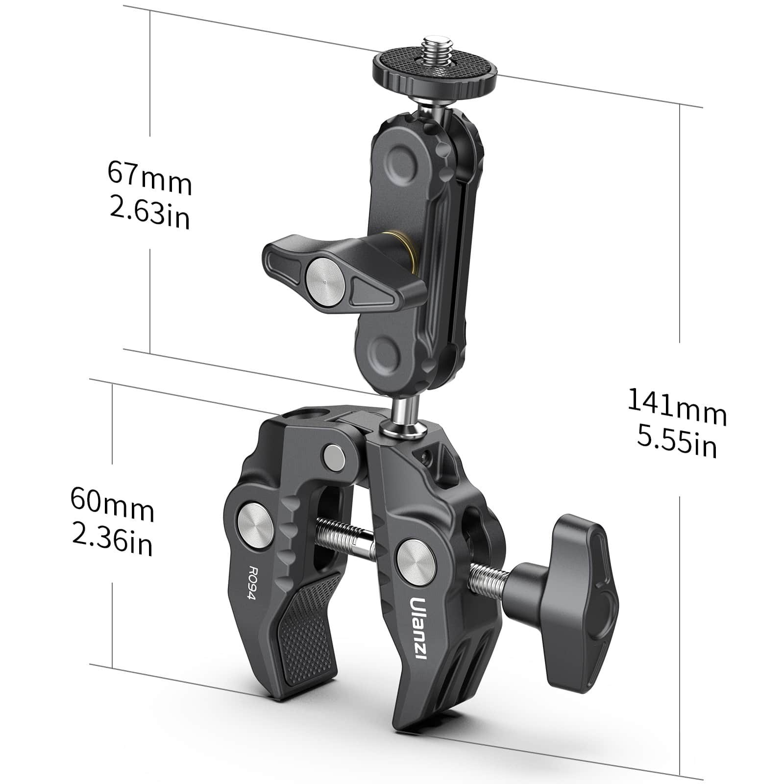 Super clamp Ulanzi nera con braccio magico e dimensioni in mm e pollici su sfondo bianco.
