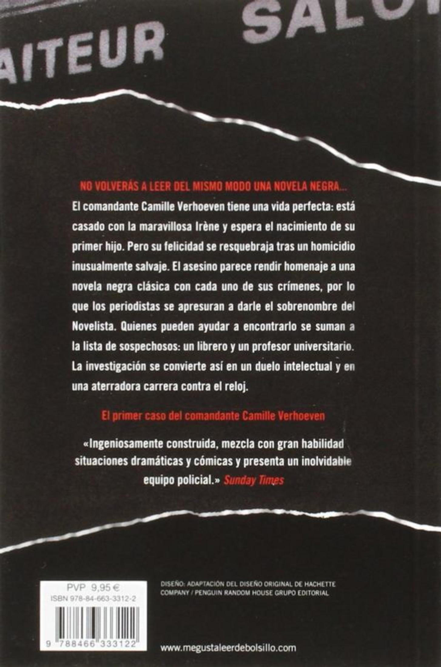 Contraportada de un libro con texto en español, un código de barras y franjas blancas rotas.