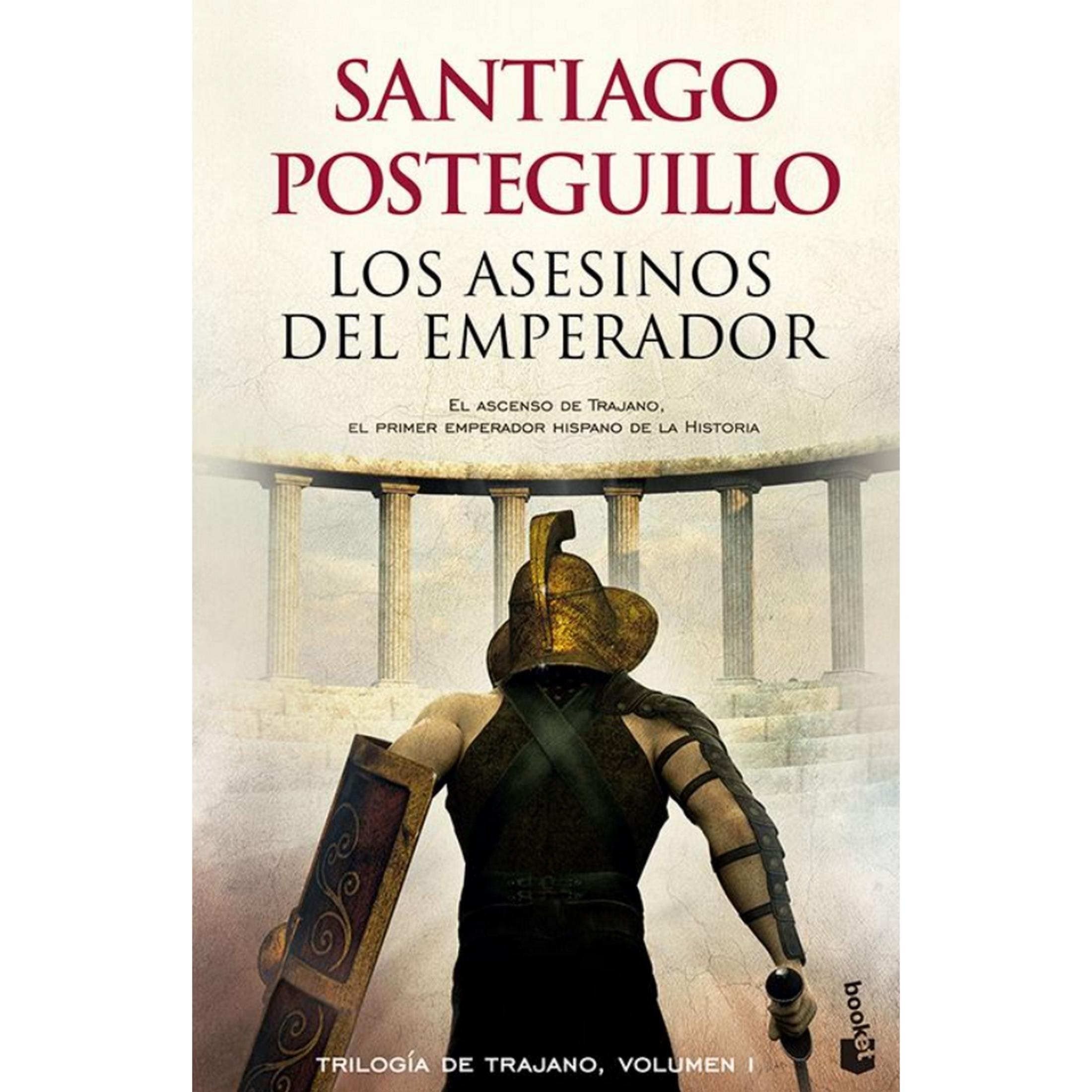 Un gladiador con armadura, escudo y casco se para ante una columnata clásica en la portada de este libro histórico.