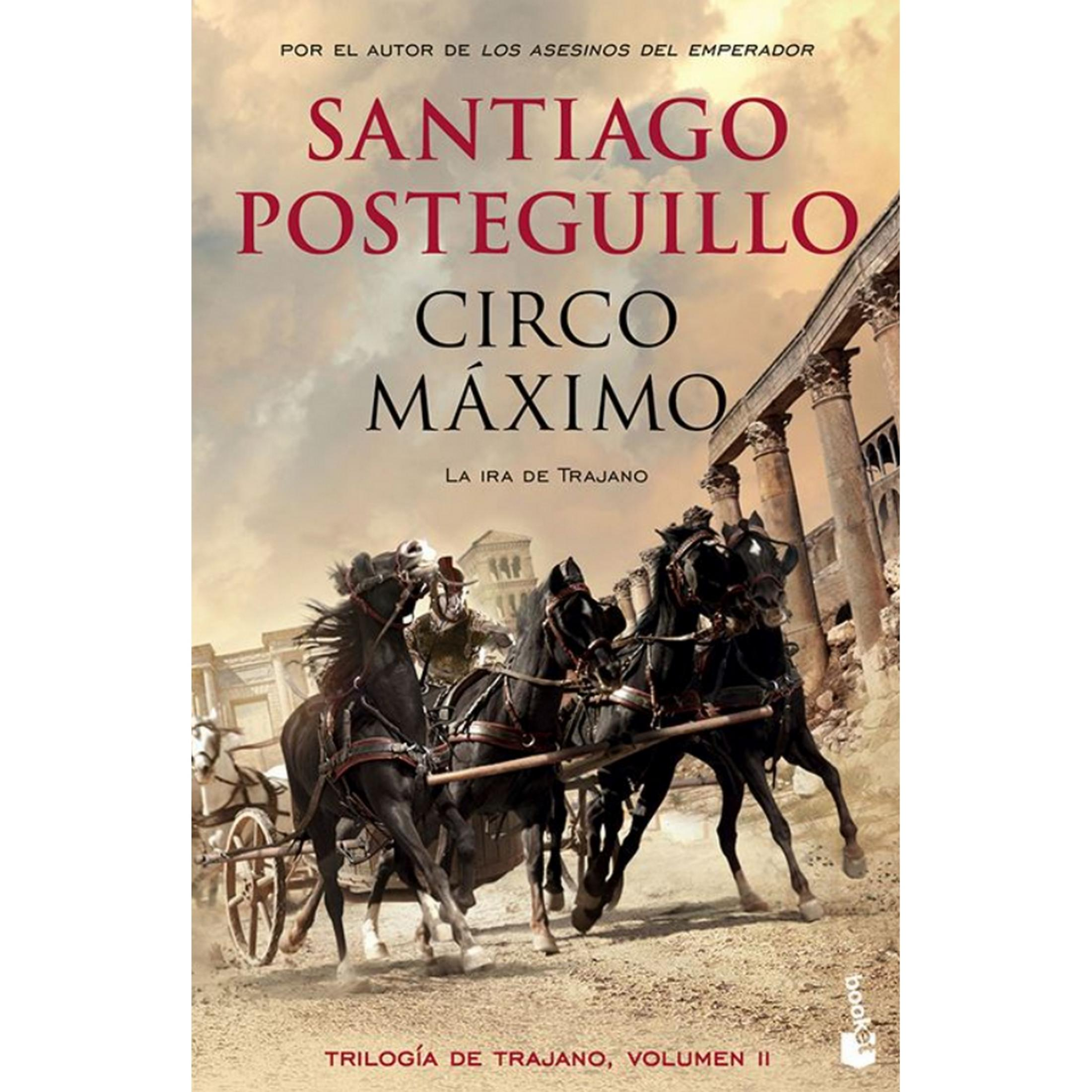 Portada del libro Circo Máximo de Santiago Posteguillo con una cuádriga y caballos ante una antigua arena.