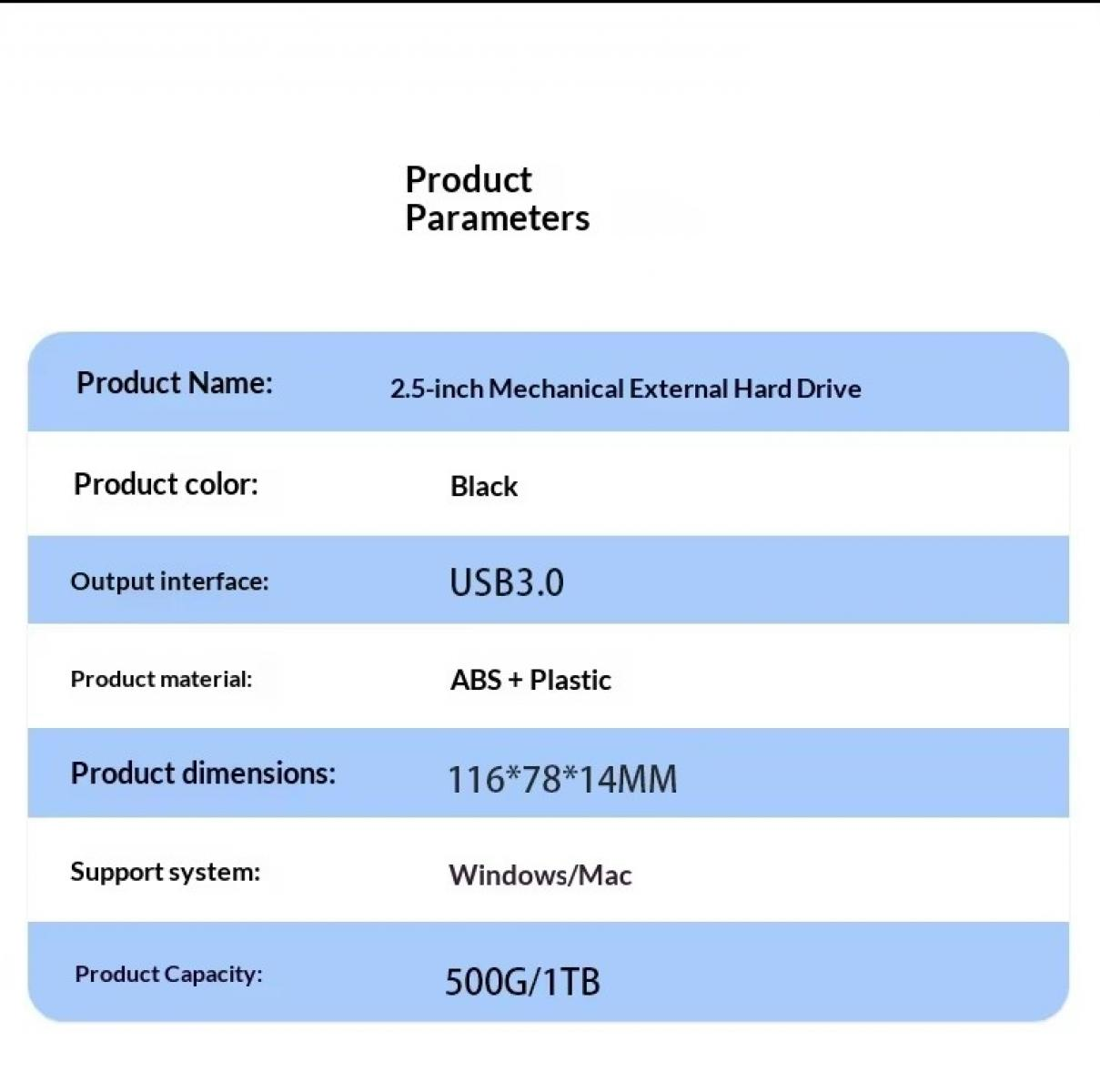 Produktdenktabelle für eine 2,5-Zoll externe Festplatte in Schwarz mit USB 3.0, ABS-Kunststoff und Windows/Mac-Support.