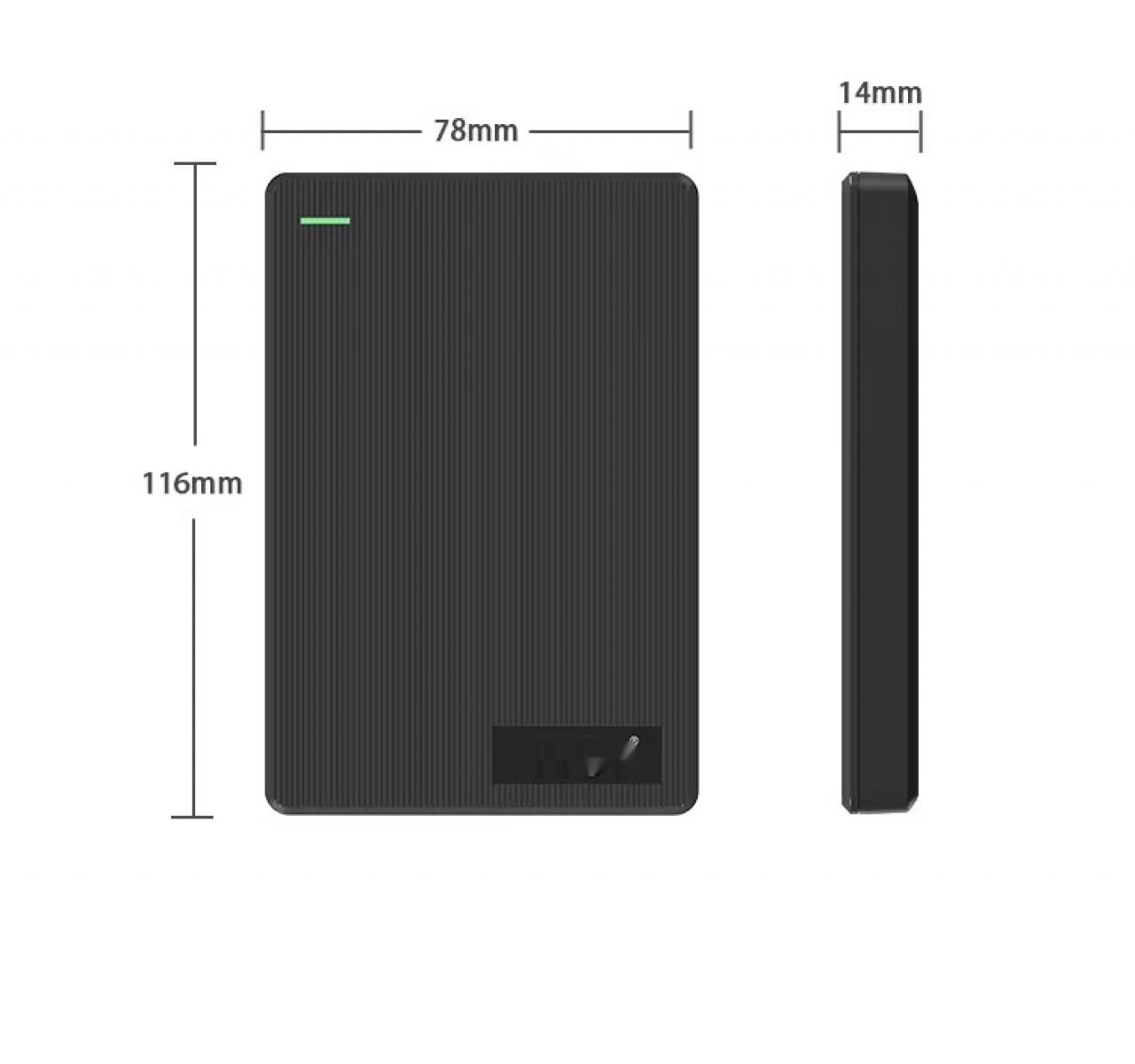 Schwarze externe Festplatte mit Maßen von 116mm, 78mm und 14mm.