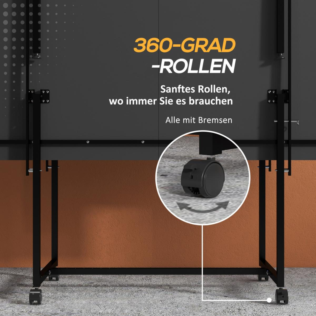 Ein schwarzes Möbelstück mit Nahaufnahme einer 360-Grad-Lenkrolle mit Bremse auf grauem Boden.