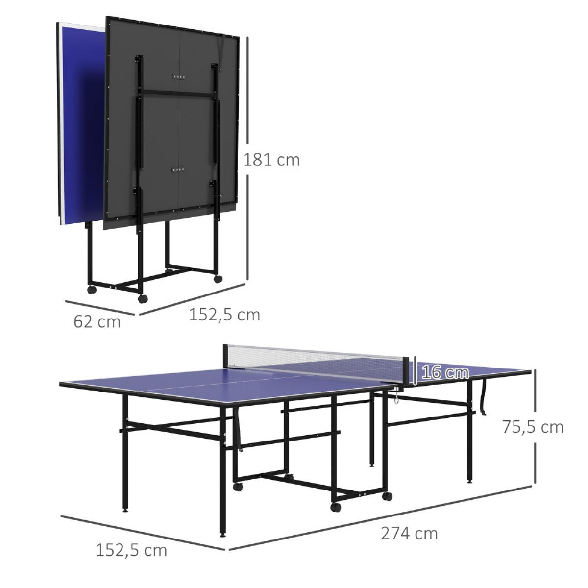 Blaue Tischtennisplatte, einmal gefaltet und ausgeklappt, mit Maßen in cm.