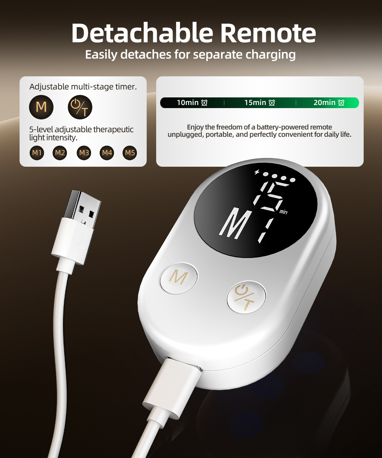 Eine weiße, ovale, abnehmbare Fernbedienung mit Digitaldisplay, Tasten und USB-Ladekabel.