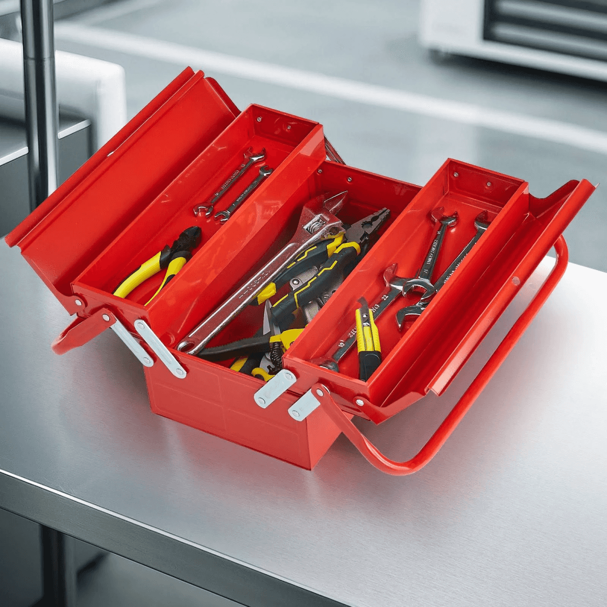 Una caja de herramientas roja y abierta en un banco de trabajo, con varias herramientas.