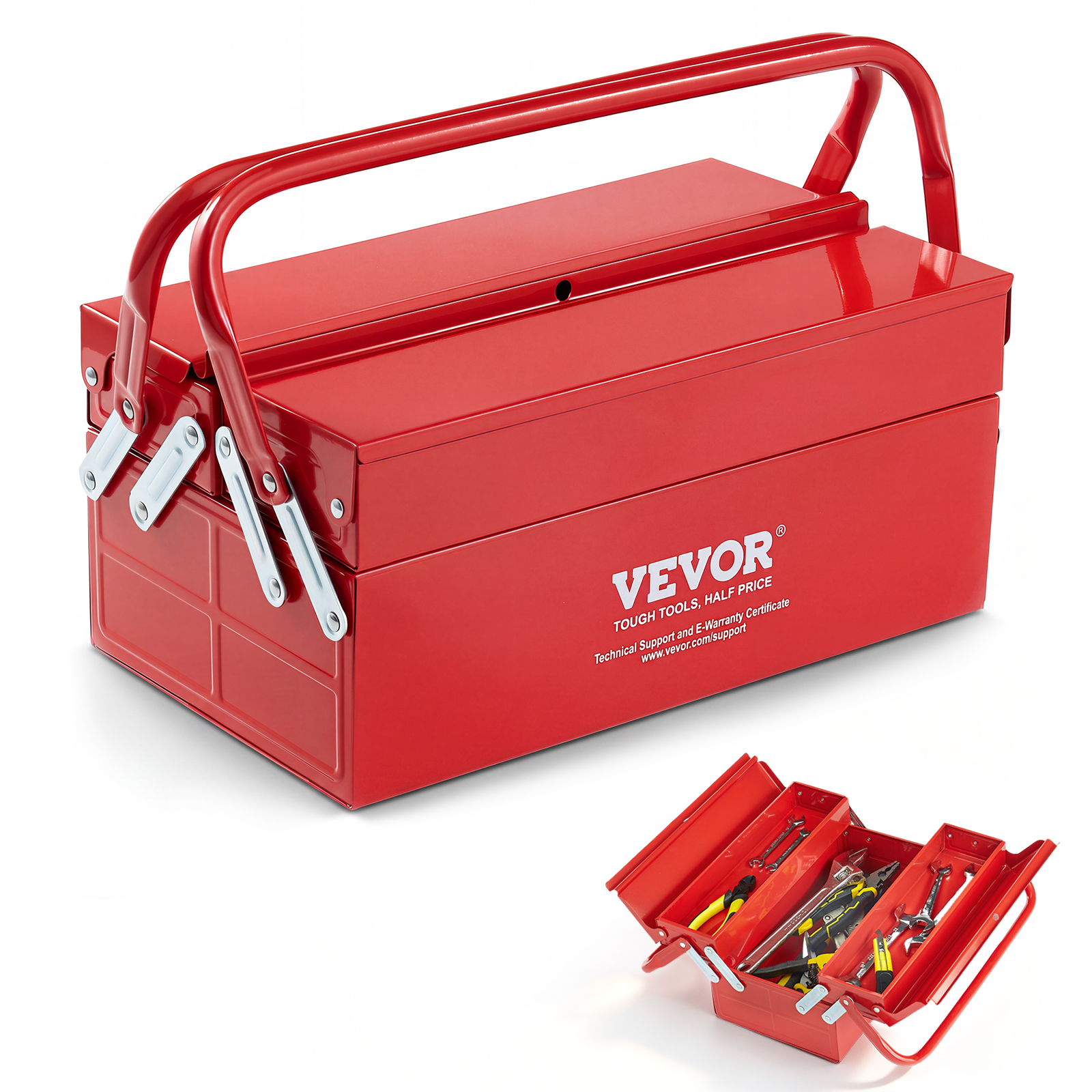 Caja de herramientas metálica roja VEVOR con asas y una caja más pequeña abierta abajo con varias herramientas.
