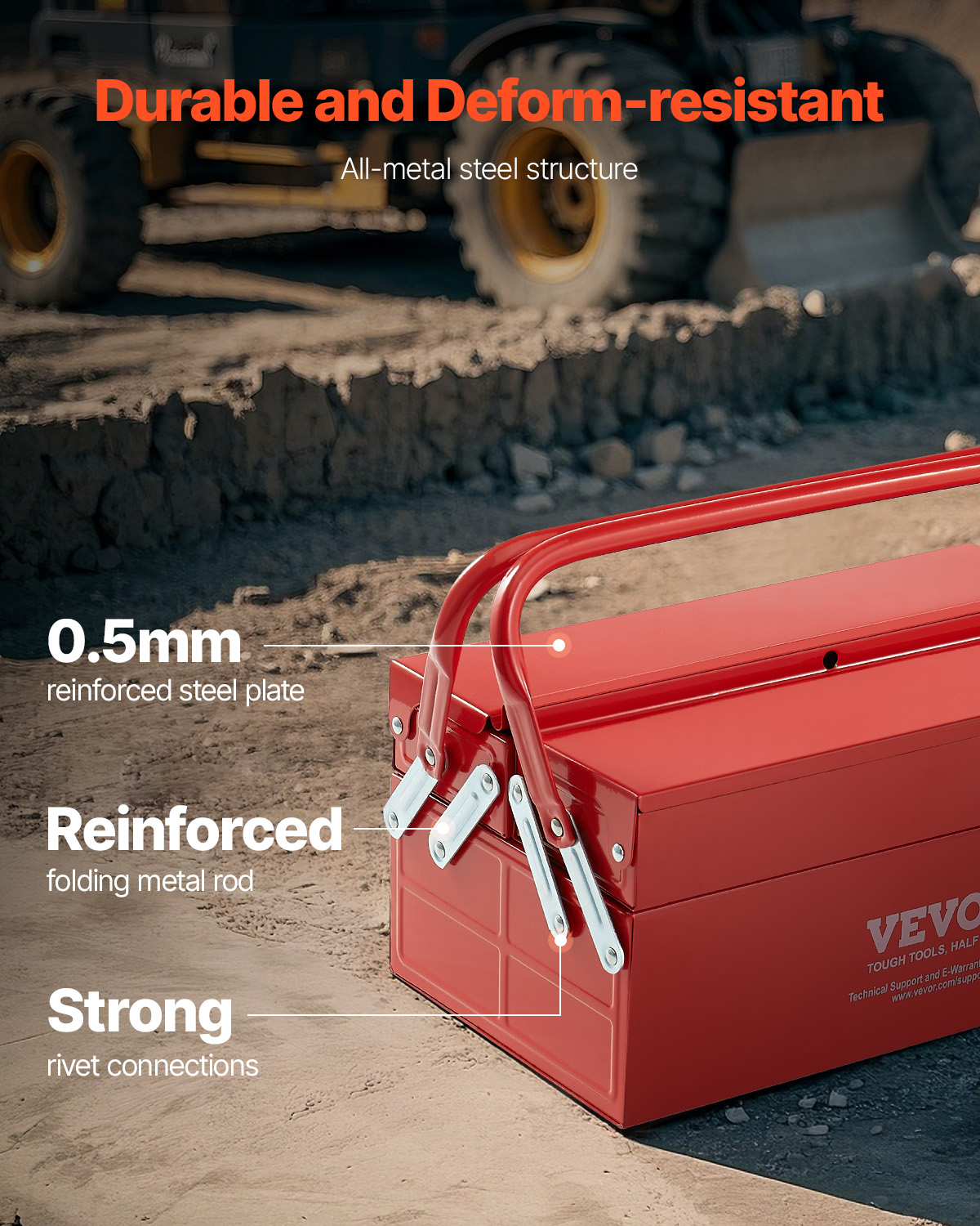 Caja de herramientas de acero rojo con fondo de obra.