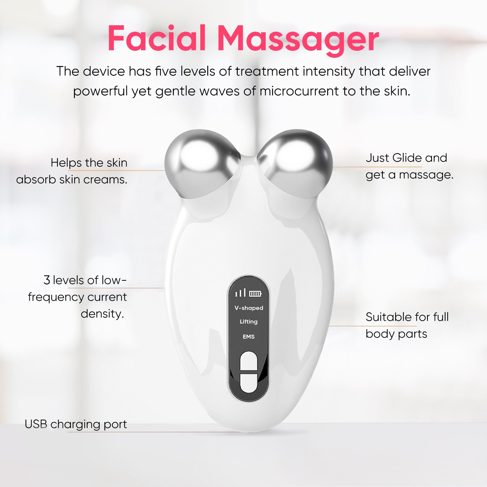 Ein weißer Gesichtsmassage-Apparat mit zwei runden silbernen Köpfen und Textbeschreibungen seiner Funktionen.