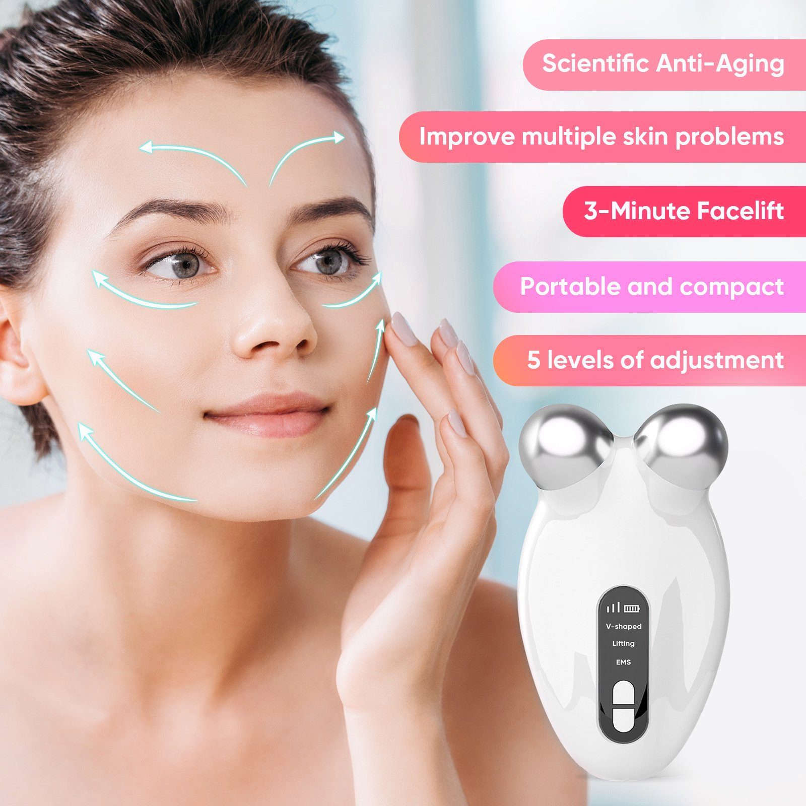 Eine Frau berührt ihr Gesicht neben Werbetexten und einem weißen Anti-Aging-Ger ät.