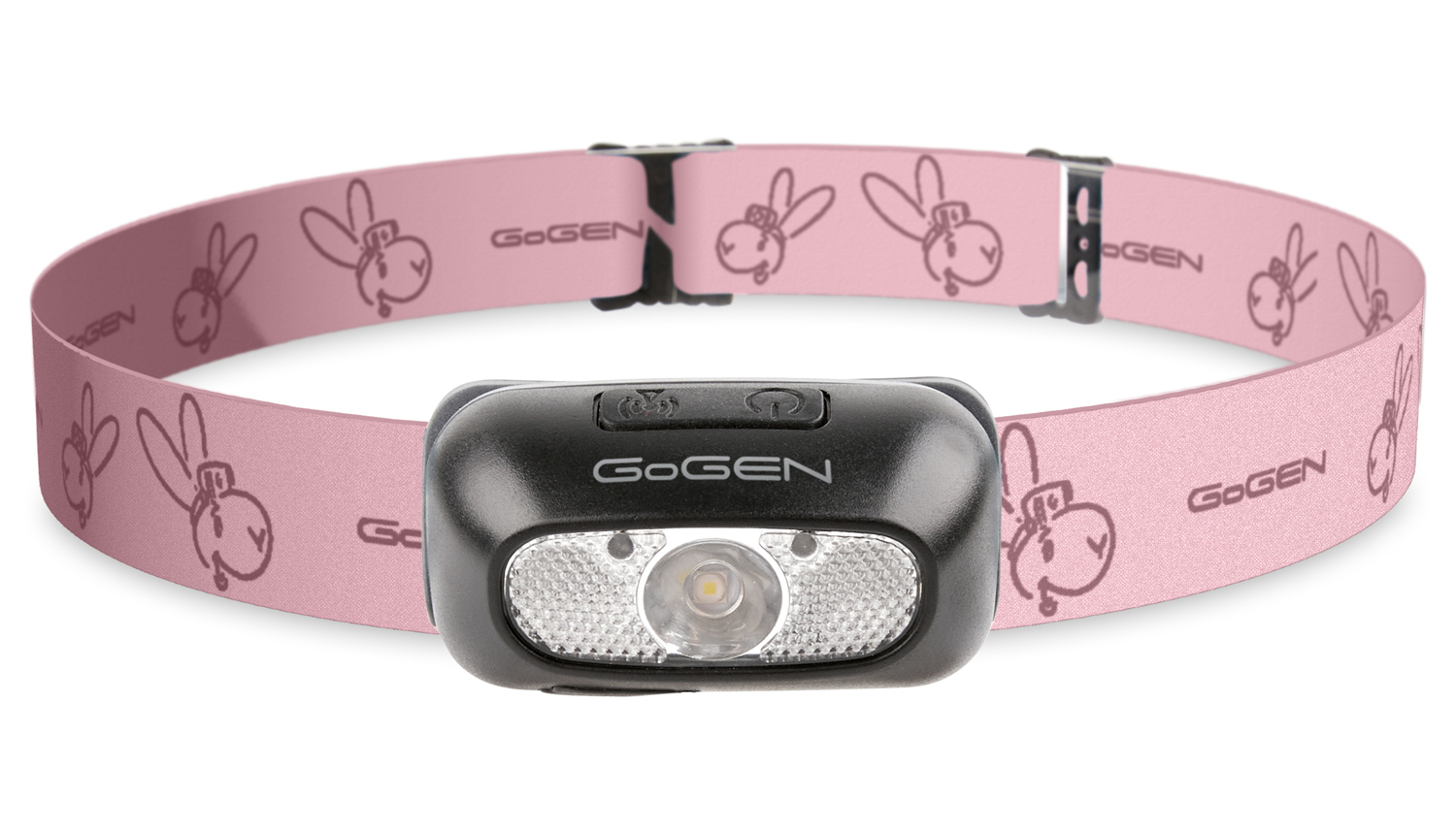 Eine schwarze GoGen Stirnlampe mit rosa Band, Hasenmotiven und Markenlogo vor weißem Hintergrund.