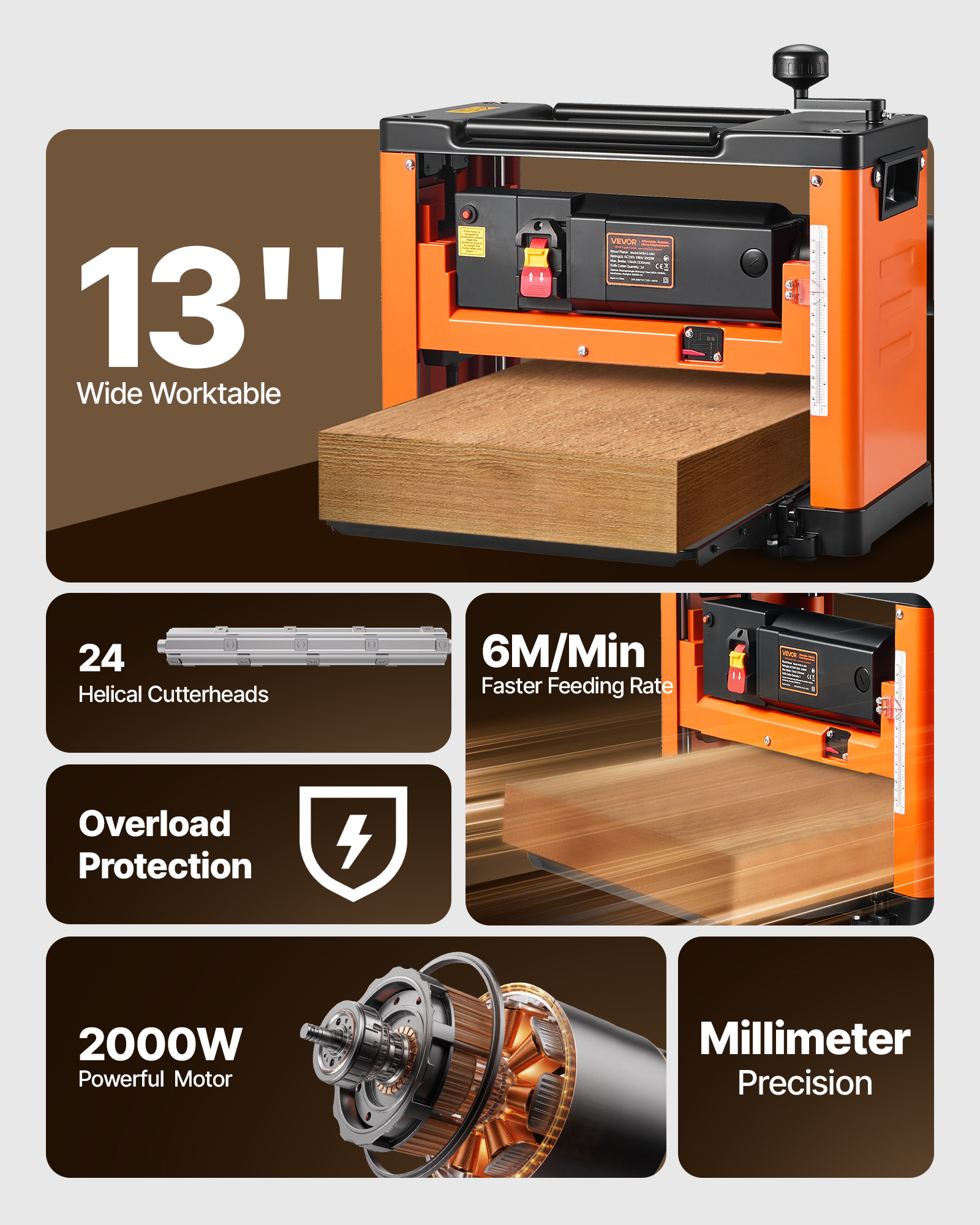 Un cepillo regruesador naranja y negro con tabla de madera, motor de 2000W y especificaciones.
