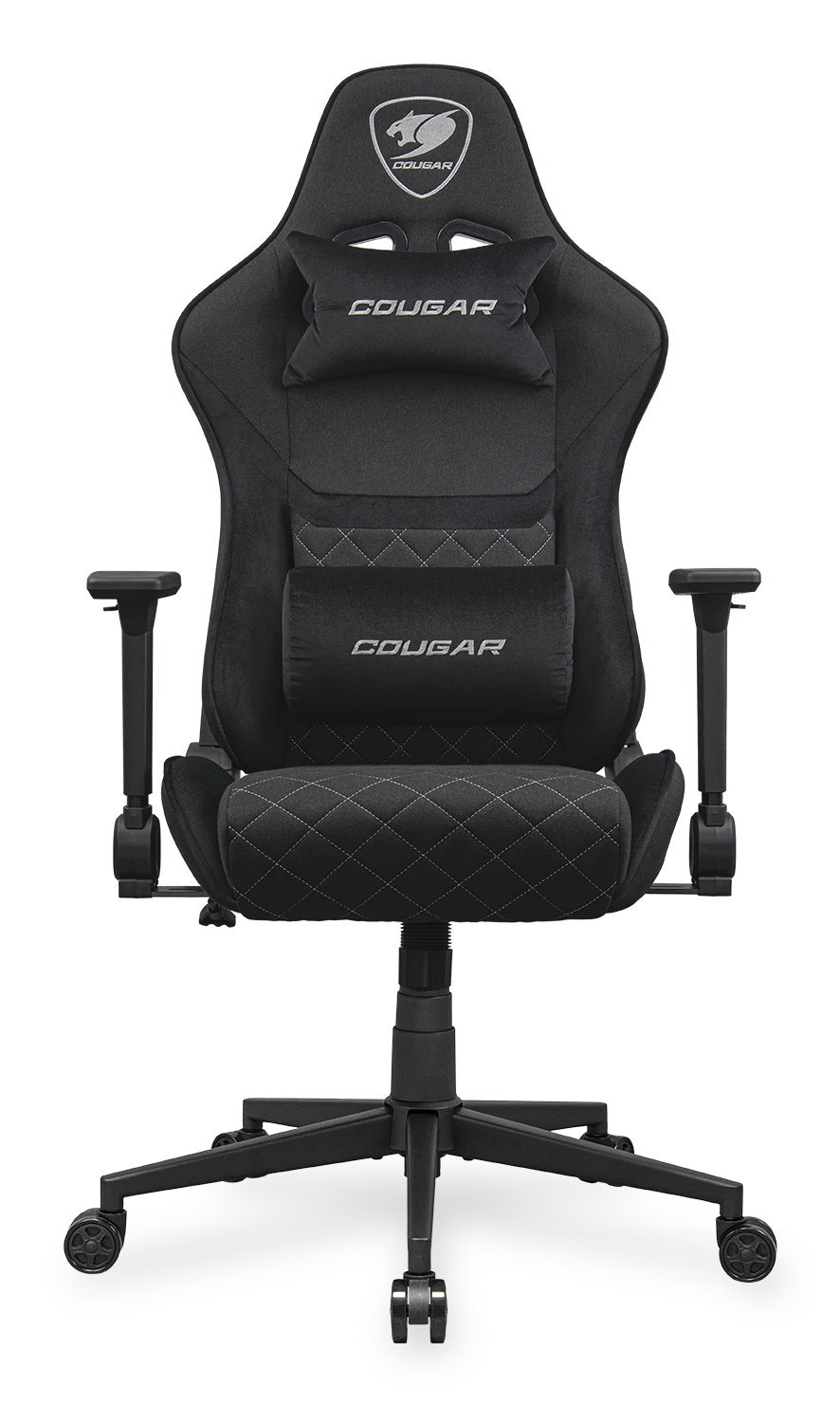 Schwarzer Cougar Gaming-Stuhl mit Kopfstütze, Lendenkissen und verstellbaren Armlehnen auf Rollen.
