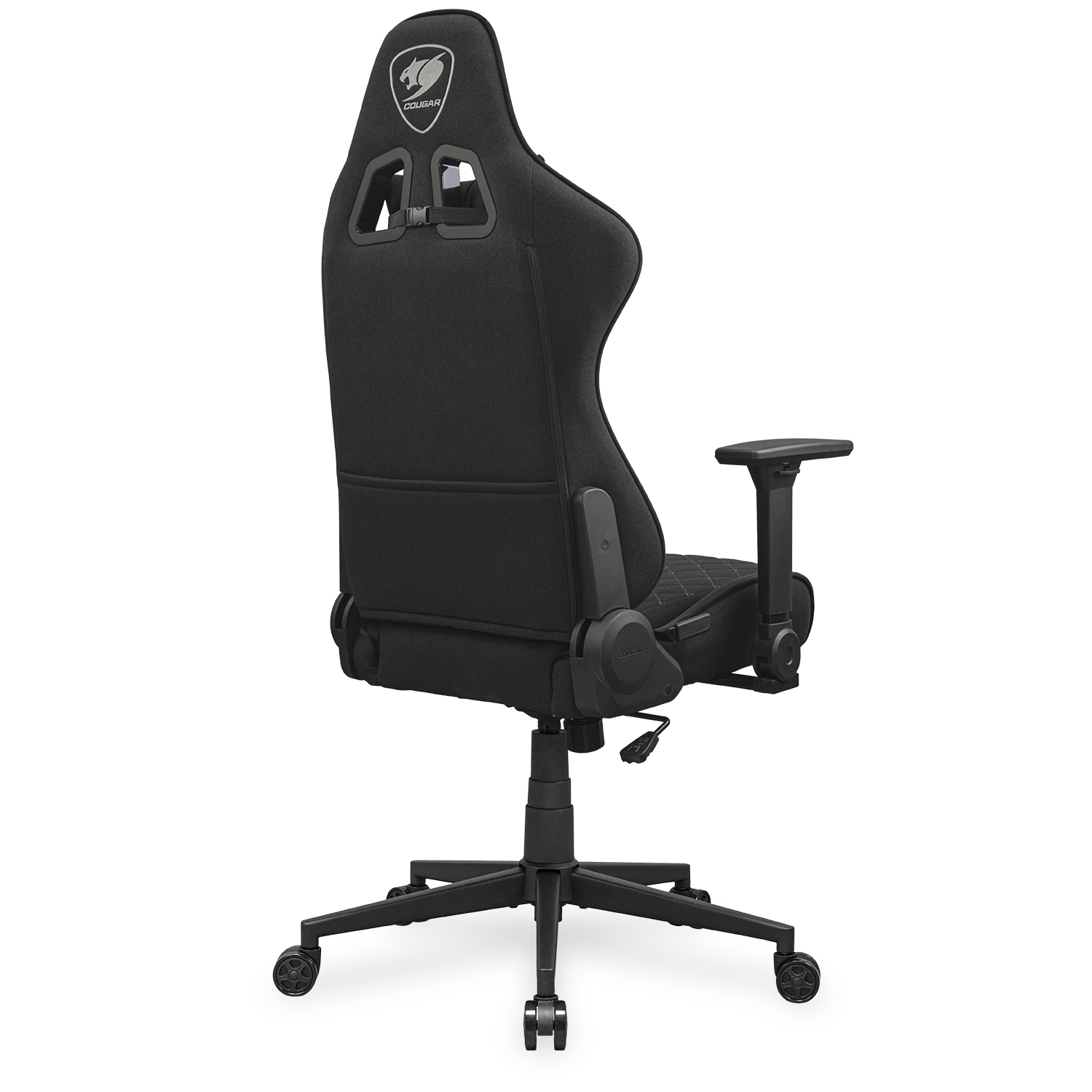 Schwarzer Gaming-Stuhl von hinten, mit hoher Rückenlehne, Logo, Armlehnen und Rollen auf weißem Hintergrund.