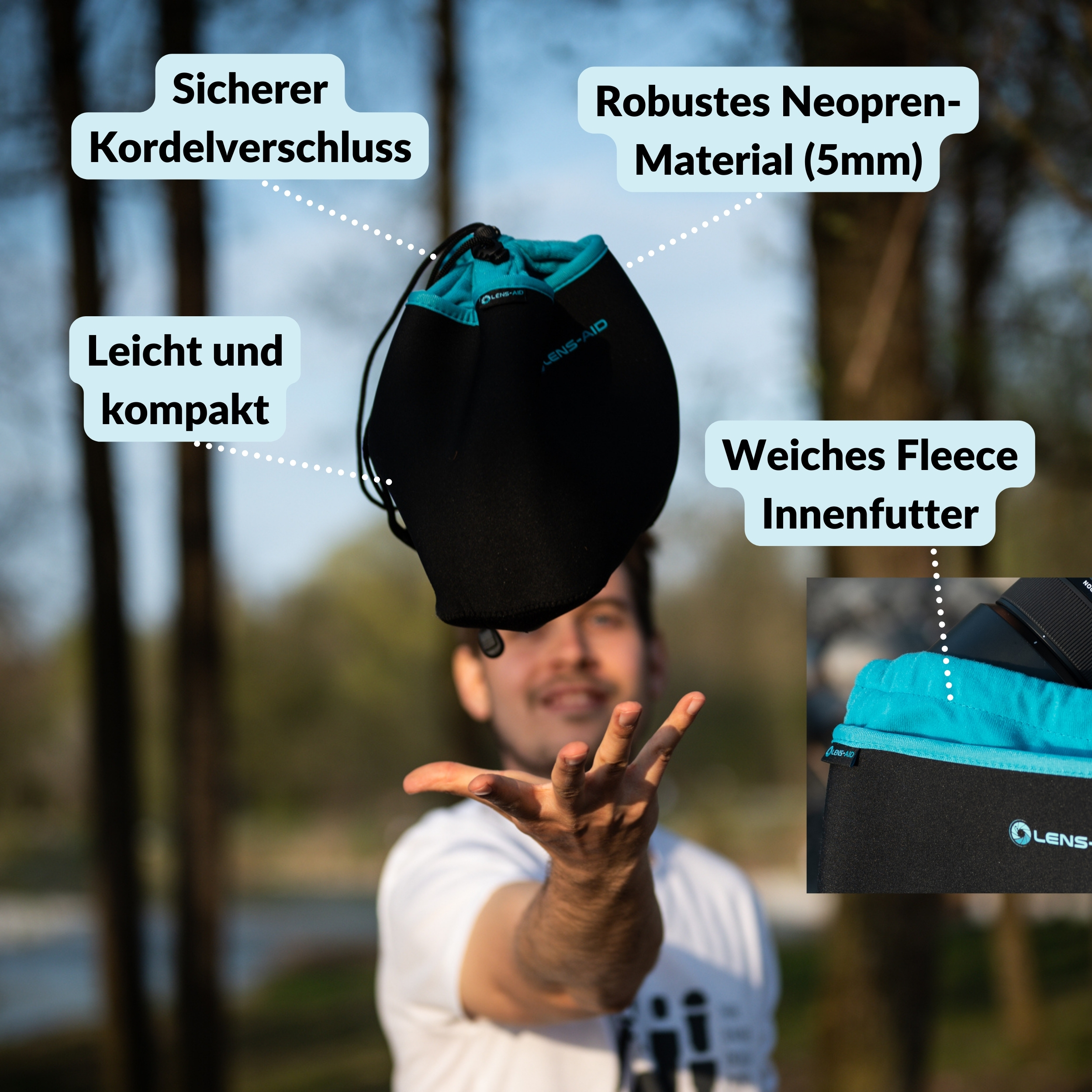 Ein Mann wirft eine schwarze Neopren-Objektivtasche mit blauen Akzenten in die Luft, umgeben von erklärenden Texten.
