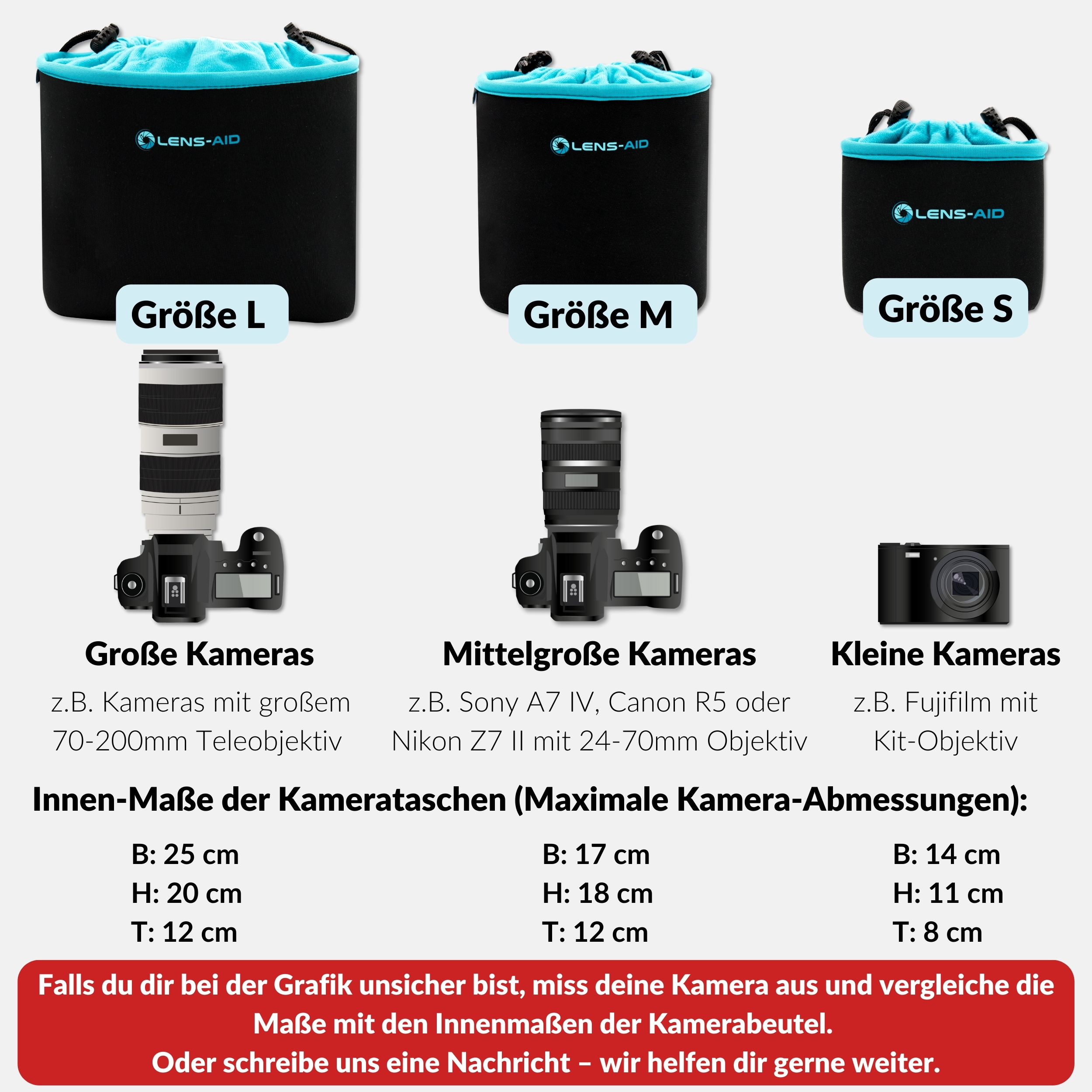 Drei Kamerataschen in Größe L, M und S mit passenden Kameras und Maßangaben.