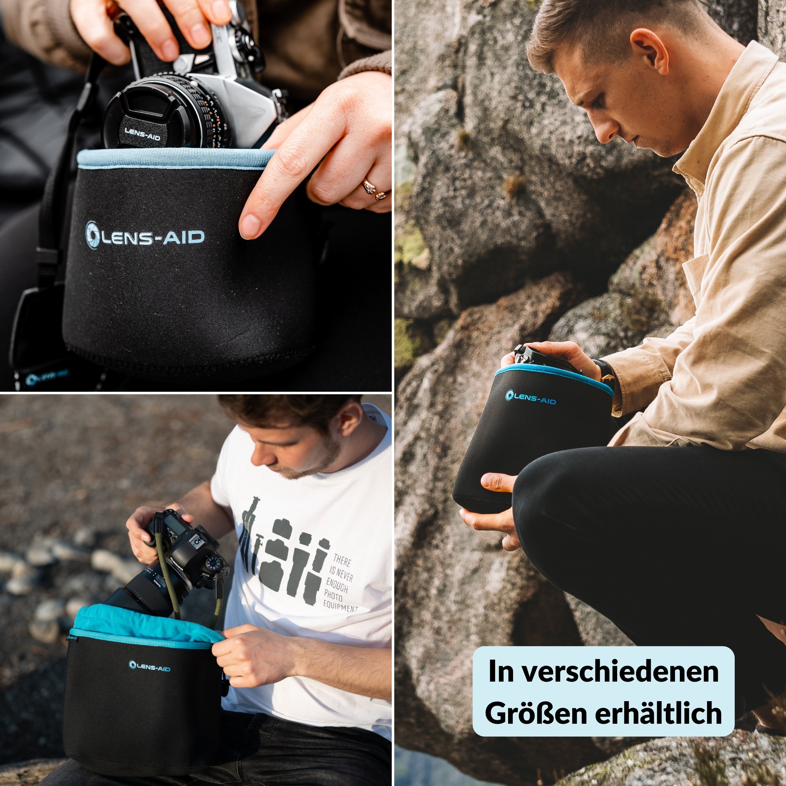 Ein Fotograf steckt draußen eine Kamera in eine schwarz-blaue Lens-Aid-Tasche.