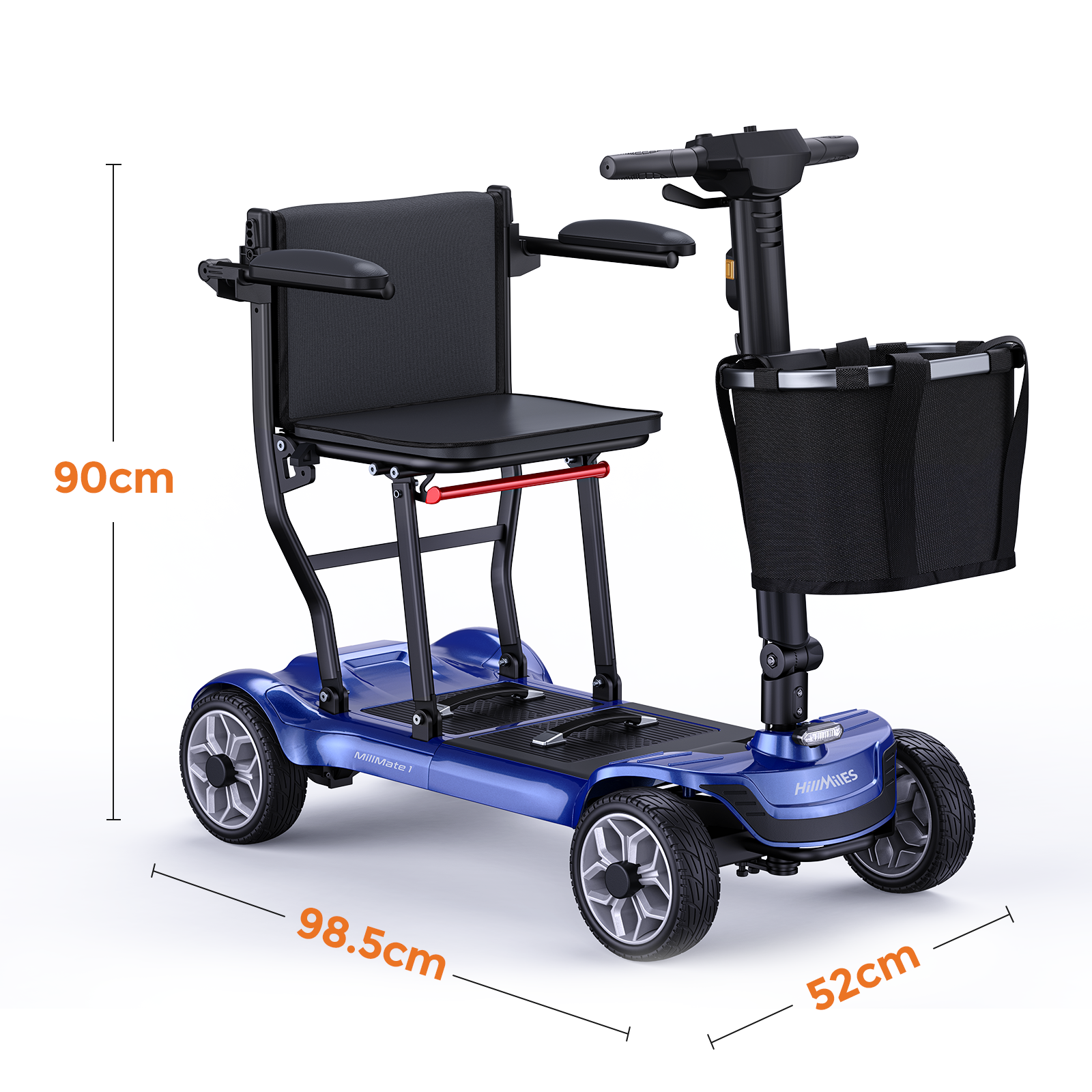 Ein blauer vierrädriger Mobilitätsroller mit schwarzem Sitz und Korb, Maße angegeben.