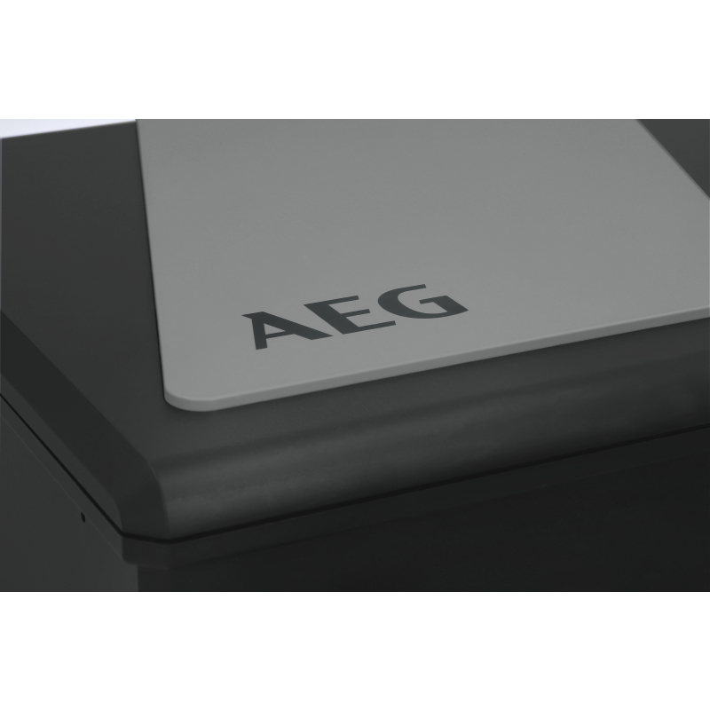 Graues AEG-Logo auf einer glatten, dunklen Oberfläche eines Geräts.