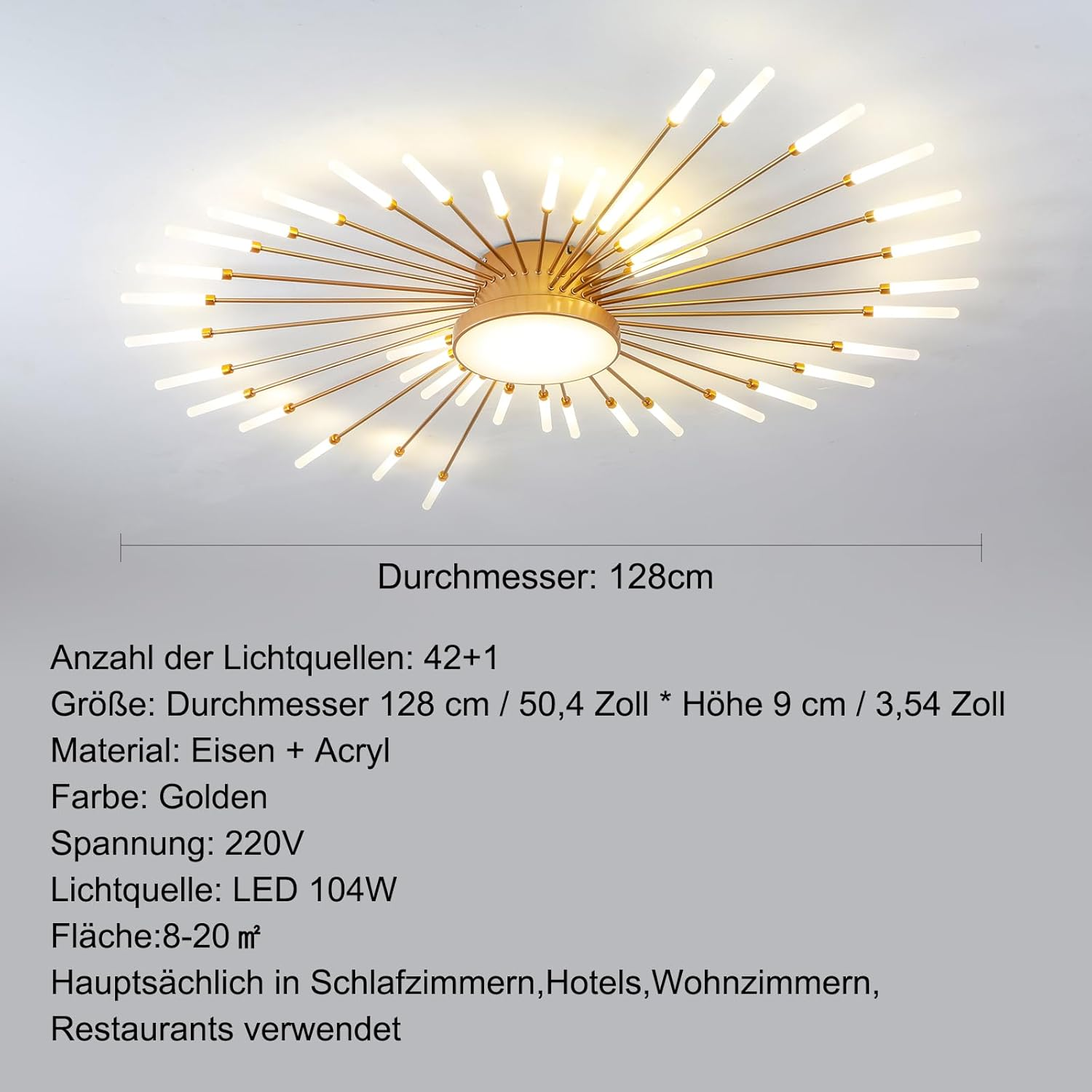 Moderne goldene Deckenleuchte mit strahlenden LED-Stäben und Produktdetails auf hellem Hintergrund.
