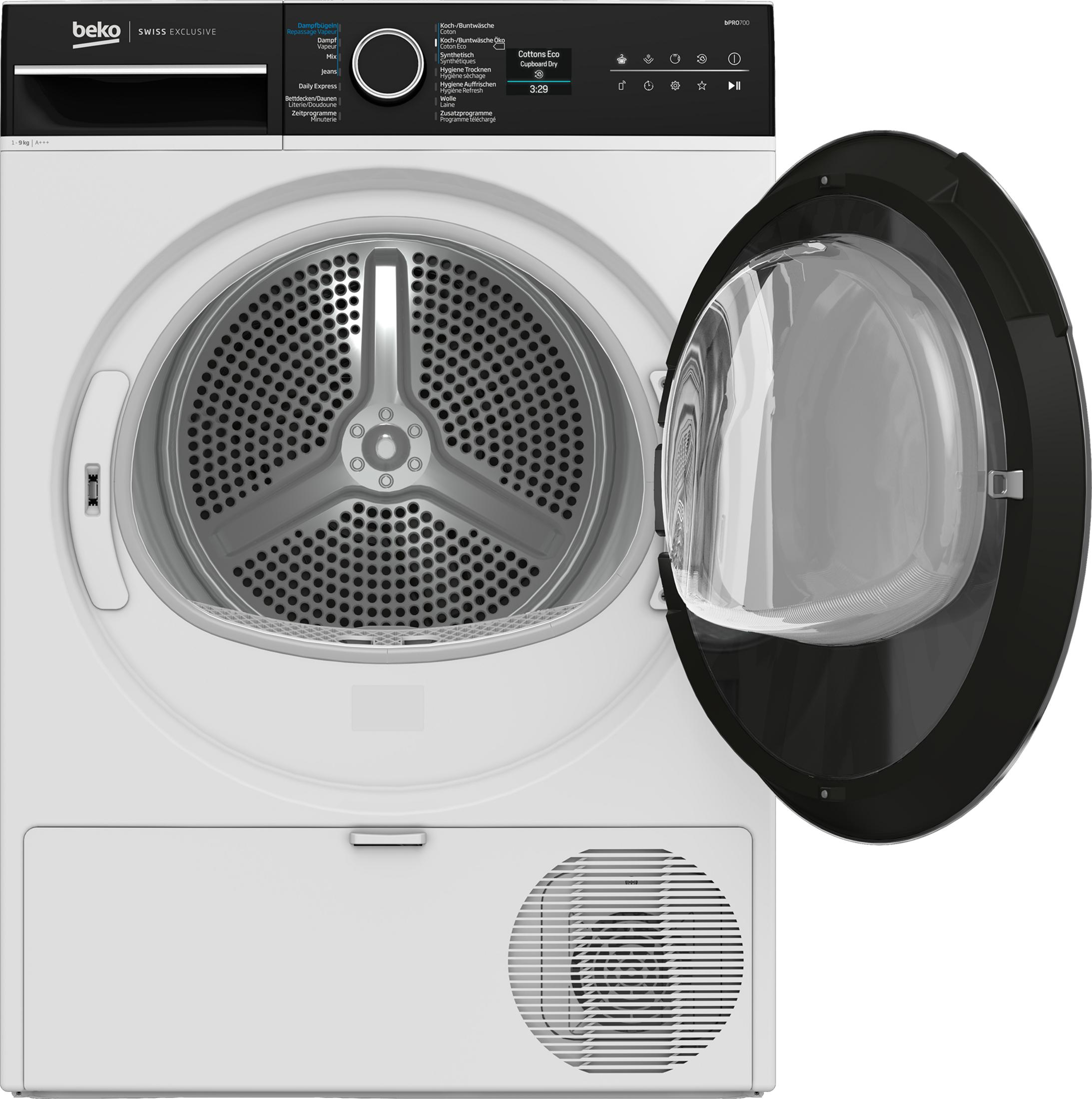 Vista frontale di un'asciugatrice Beko bianca con porta in vetro aperta e pannello digitale.